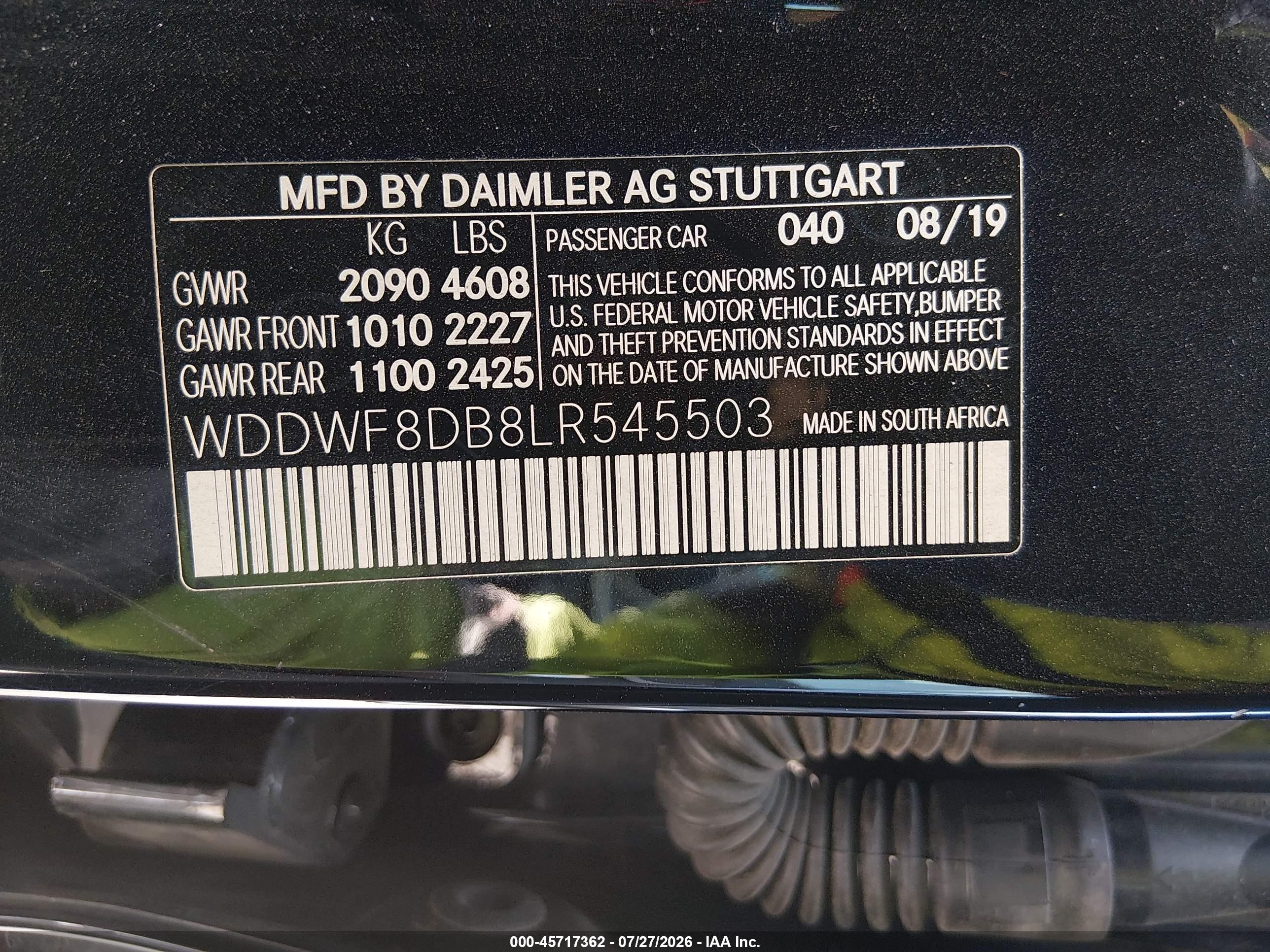 2020 Mercedes-benz C-klasse VIN WDDWF8DB8LR545503 IAAI salvage auction — Front End, Salvage (Texas), sold $3,450 on 2026-09-05 (photo 9)