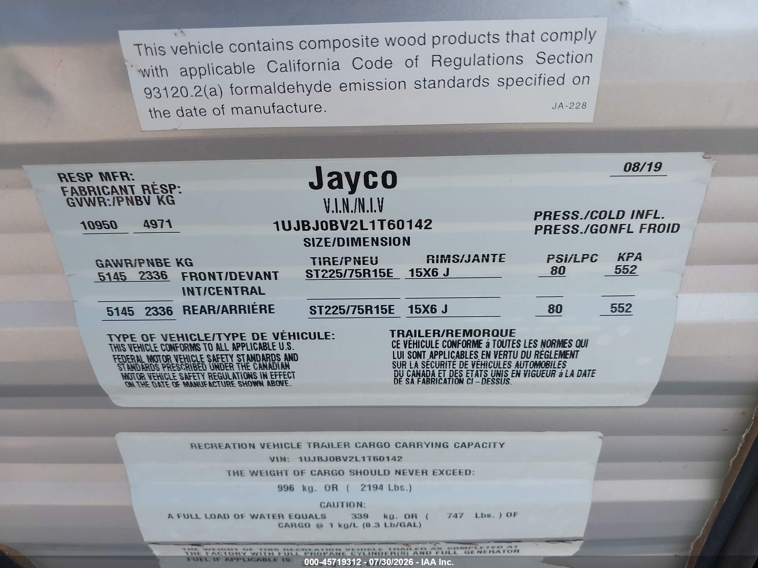 2020 Jayco Jay Flight VIN 1UJBJ0BV2L1T60142 IAAI salvage auction — Hail, Original (Texas), sold $8,400 on 2026-10-05 (photo 9)