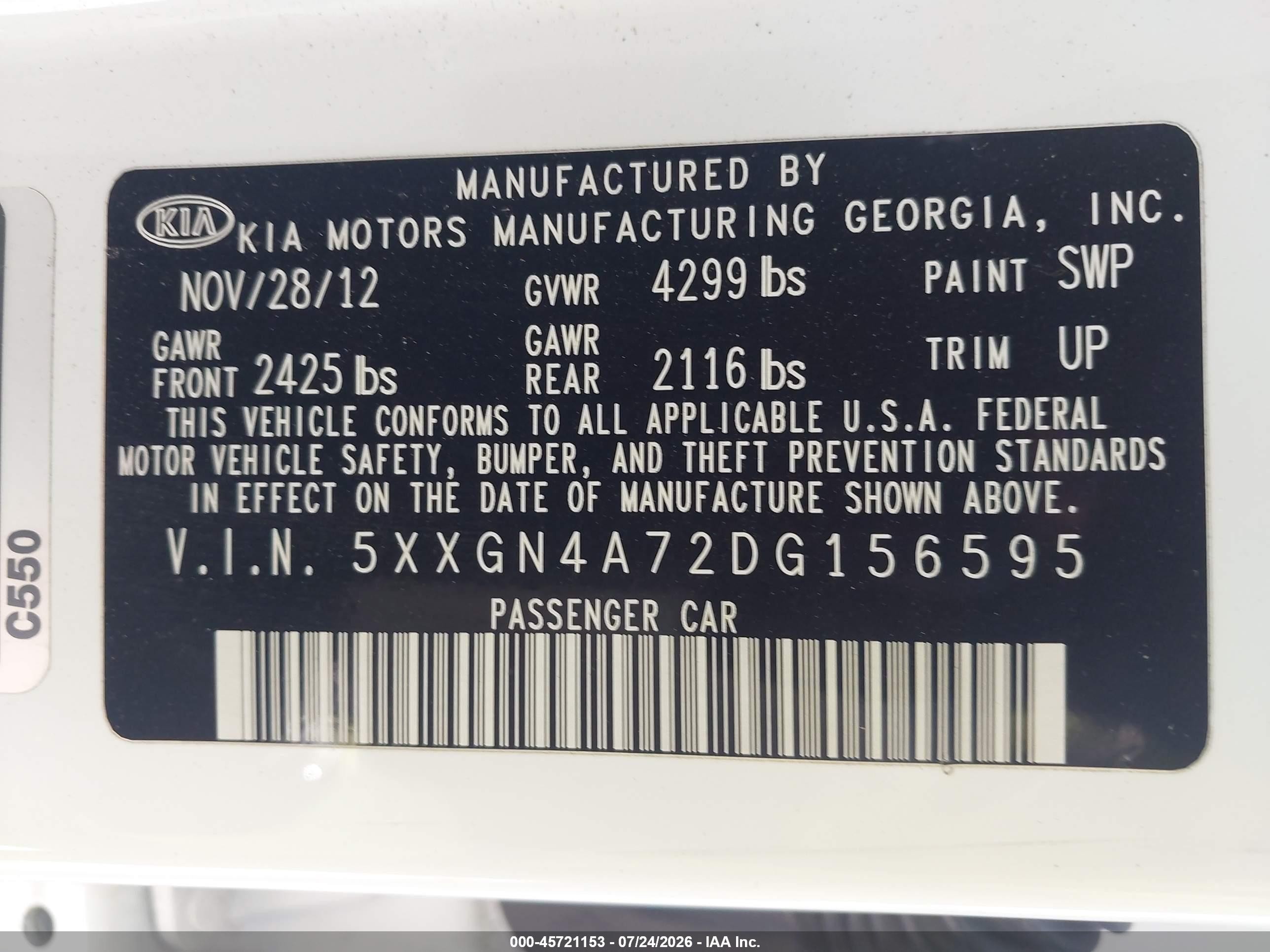 2013 Kia Optima VIN 5XXGN4A72DG156595 IAAI salvage auction — Front End, Salvage (California), sold $825 on 2026-09-24 (photo 9)