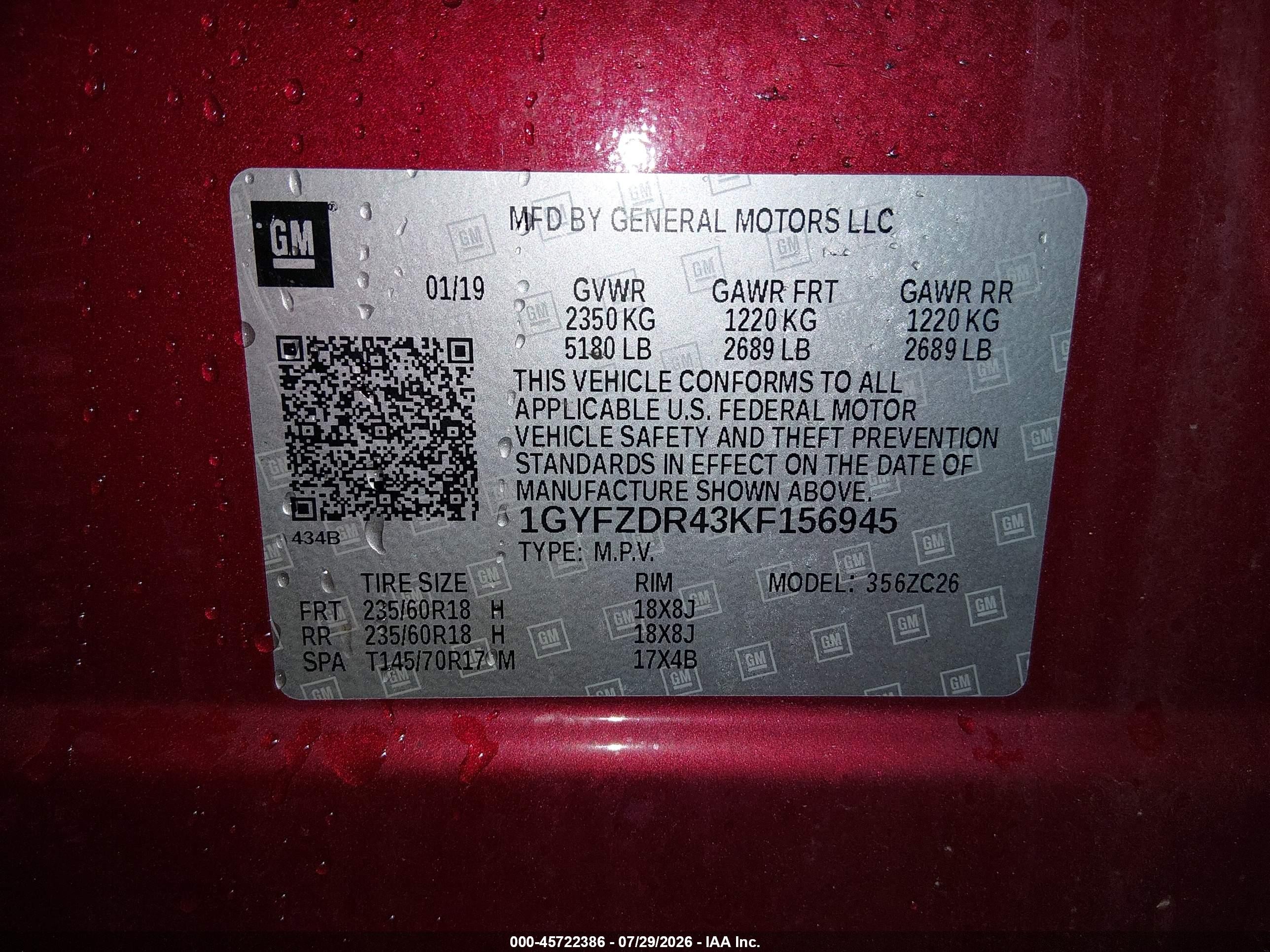 2019 Cadillac XT4 VIN 1GYFZDR43KF156945 IAAI salvage auction — Unknown, Salvage (Massachusetts), sold $3,850 on 2026-09-11 (photo 9)