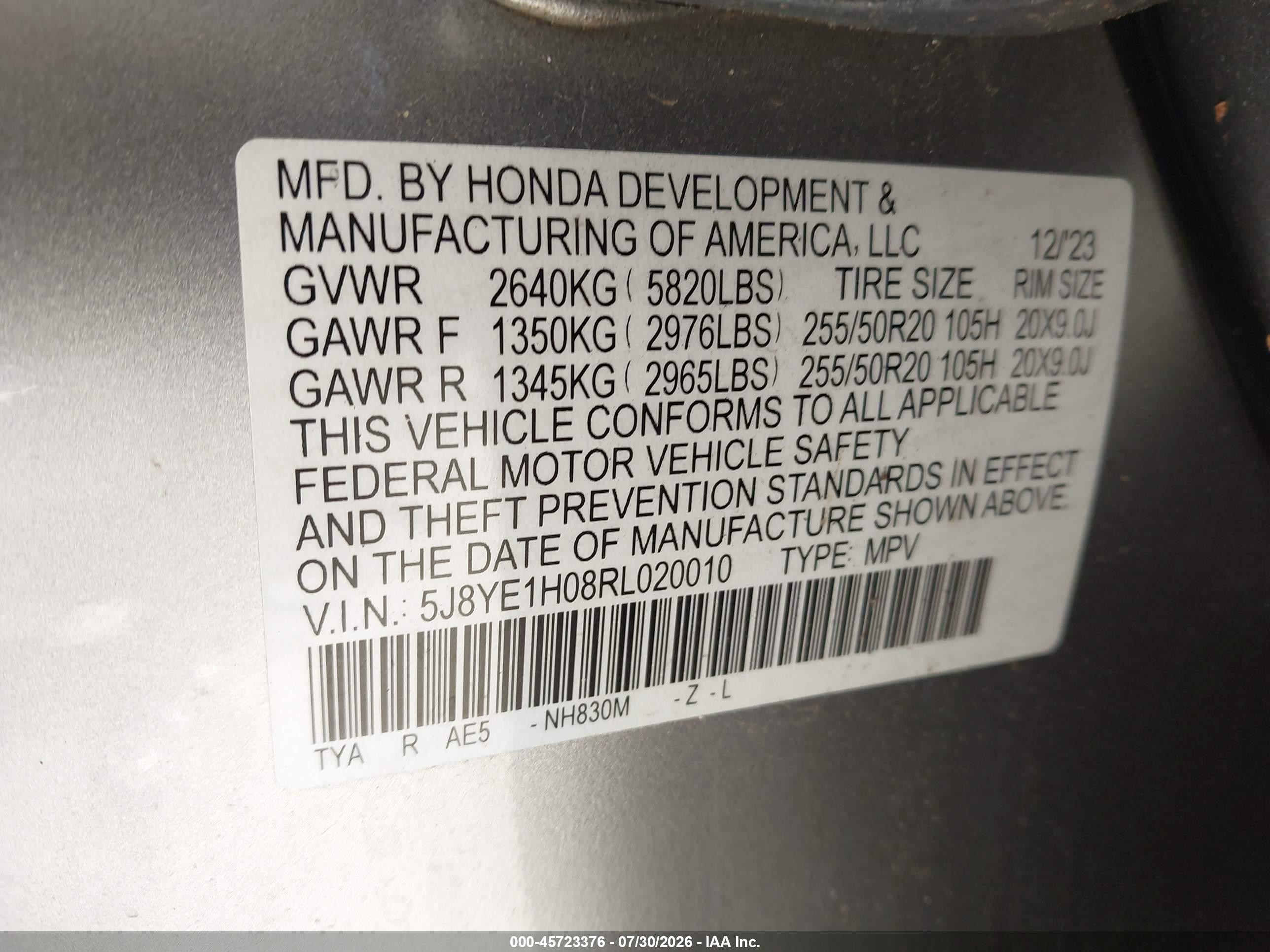 2024 Acura Mdx VIN 5J8YE1H08RL020010 IAAI salvage auction — Frame Damage, Bill Of Sale (Washington), sold $15,200 on 2026-09-13 (photo 9)