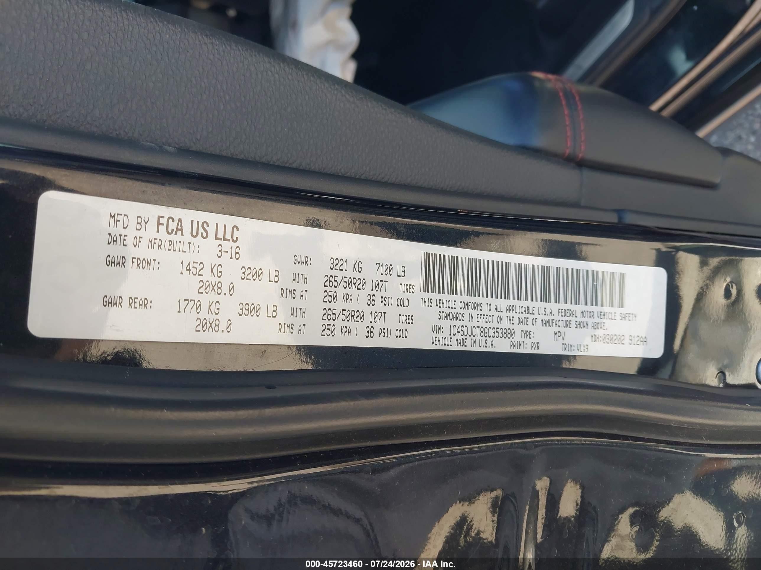 2016 Dodge Durango VIN 1C4SDJCT8GC353880 IAAI salvage auction — Front End, Salvage (Arizona), sold $1,550 on 2026-09-03 (photo 9)