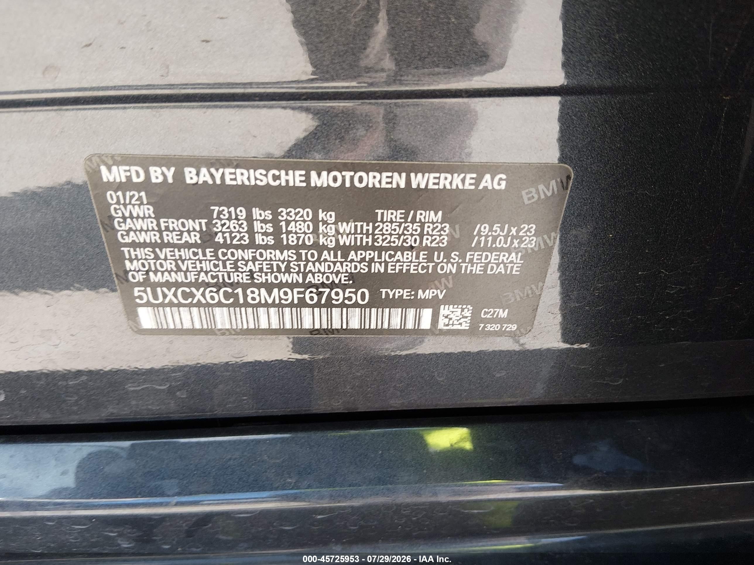 2021 BMW X7 VIN 5UXCX6C18M9F67950 IAAI salvage auction — Rear End, Original (Texas), sold $37,500 on 2026-08-27 (photo 9)