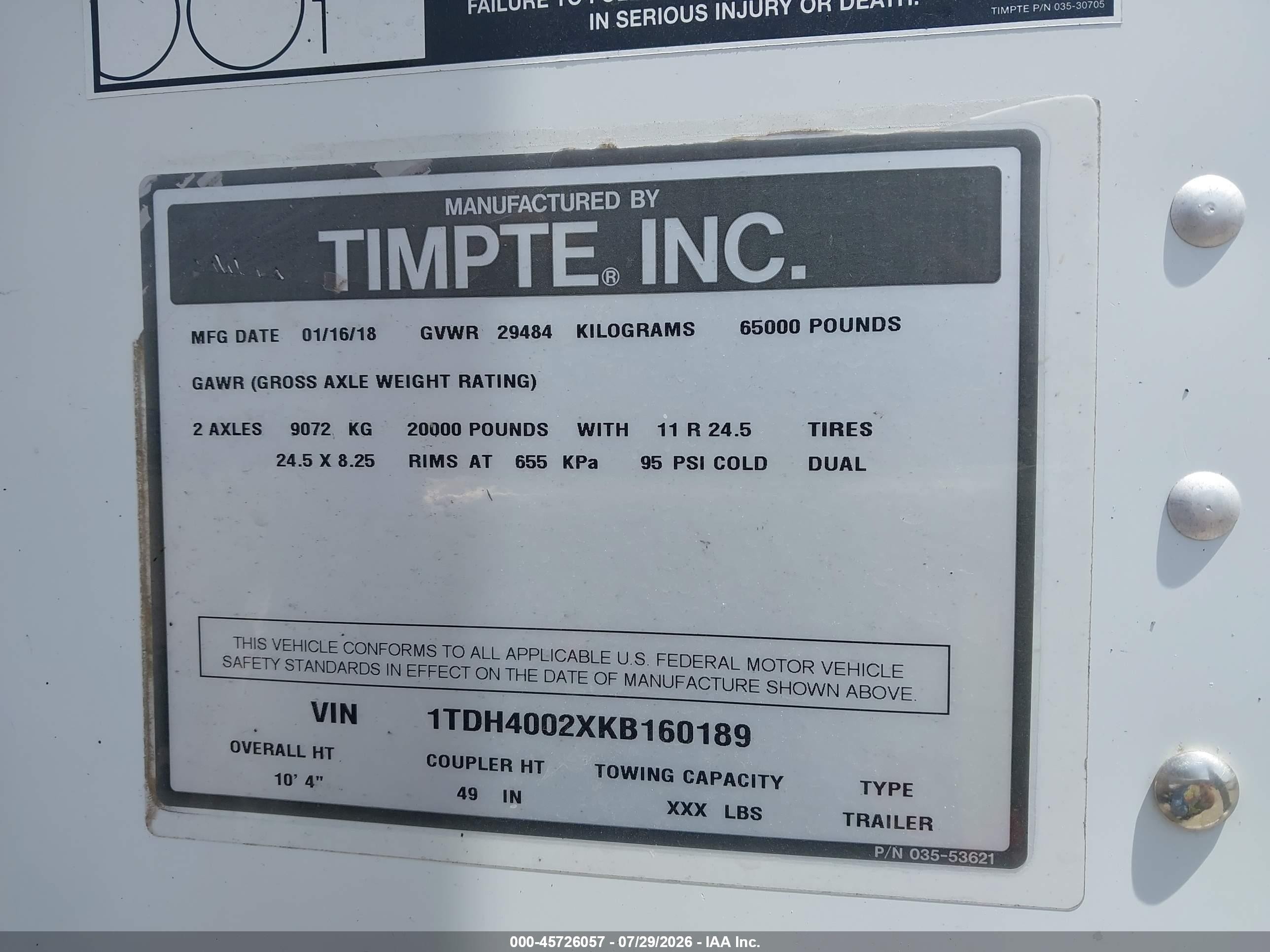 2019 Timpte Unknown VIN 1TDH4002XKB160189 IAAI salvage auction — Rollover, Original (Texas), sold $2,600 on 2026-09-09 (photo 9)