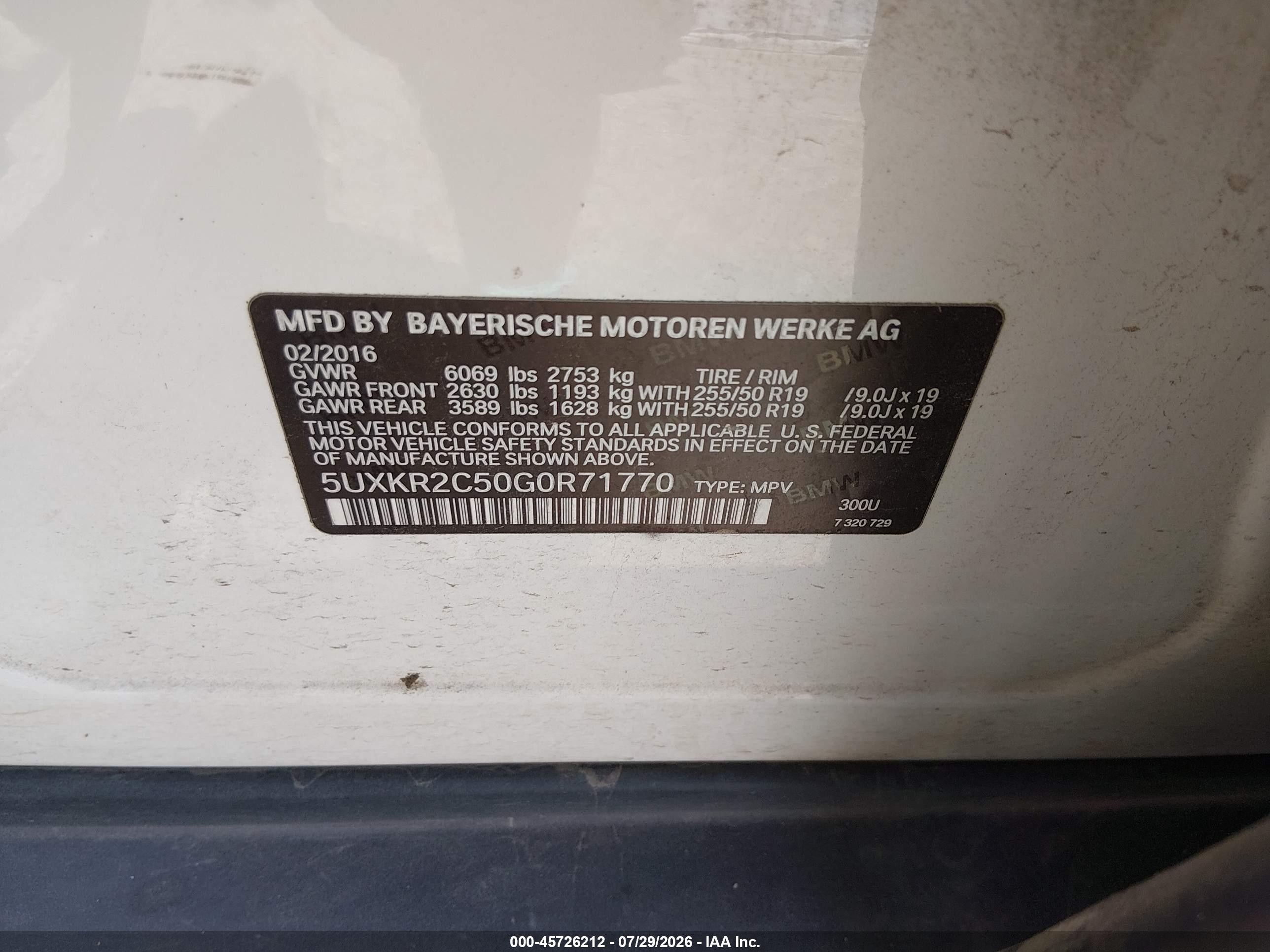 2016 BMW X5 VIN 5UXKR2C50G0R71770 IAAI salvage auction — Storm Damage, Salvage (Louisiana), sold $1,600 on 2026-09-09 (photo 9)