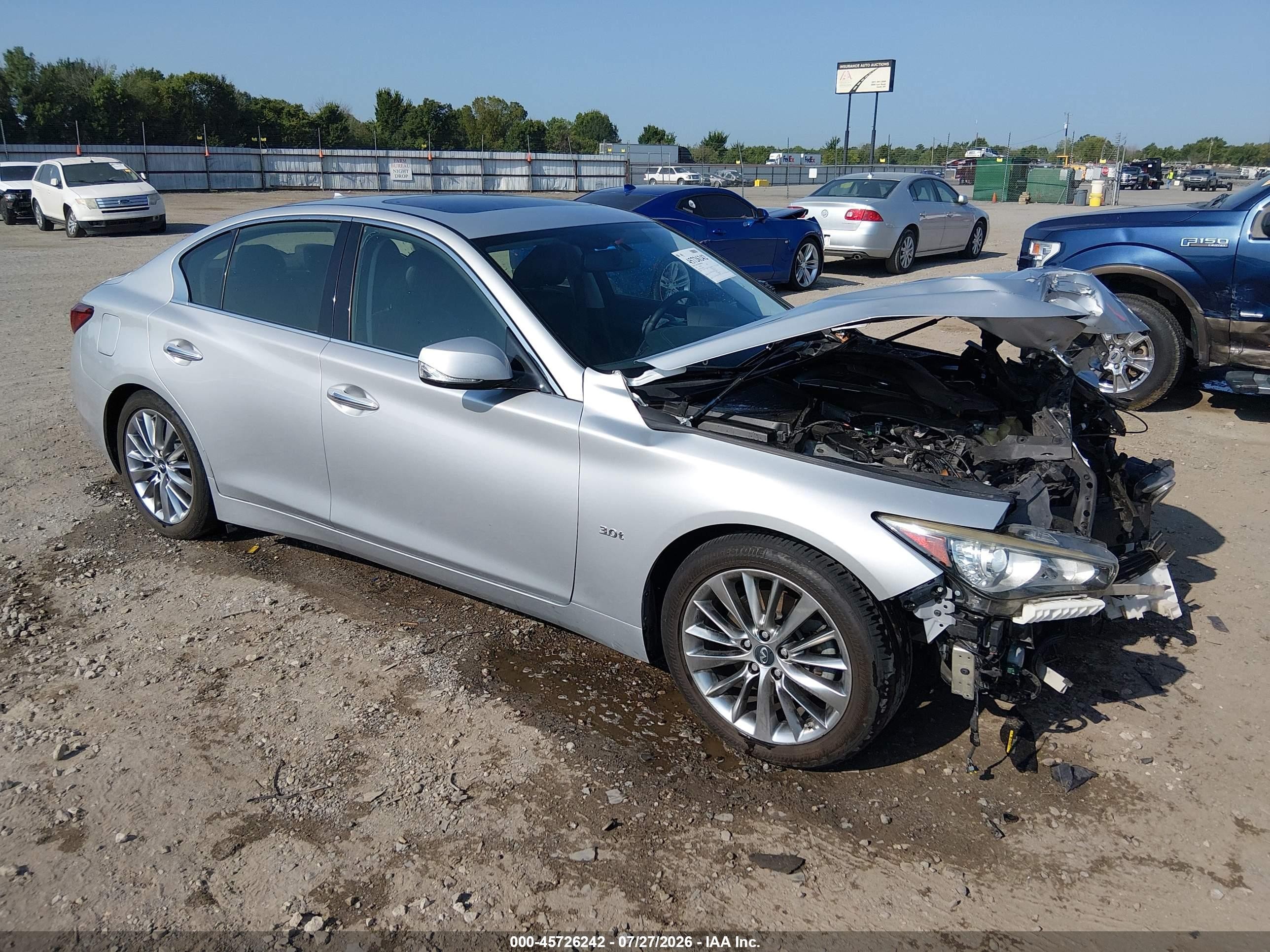 2018 Infiniti Q50 VIN JN1EV7AP2JM362470 IAAI salvage auction — Front & Rear, Clear (Arkansas), sold $1,700 on 2026-09-24 (photo 1)