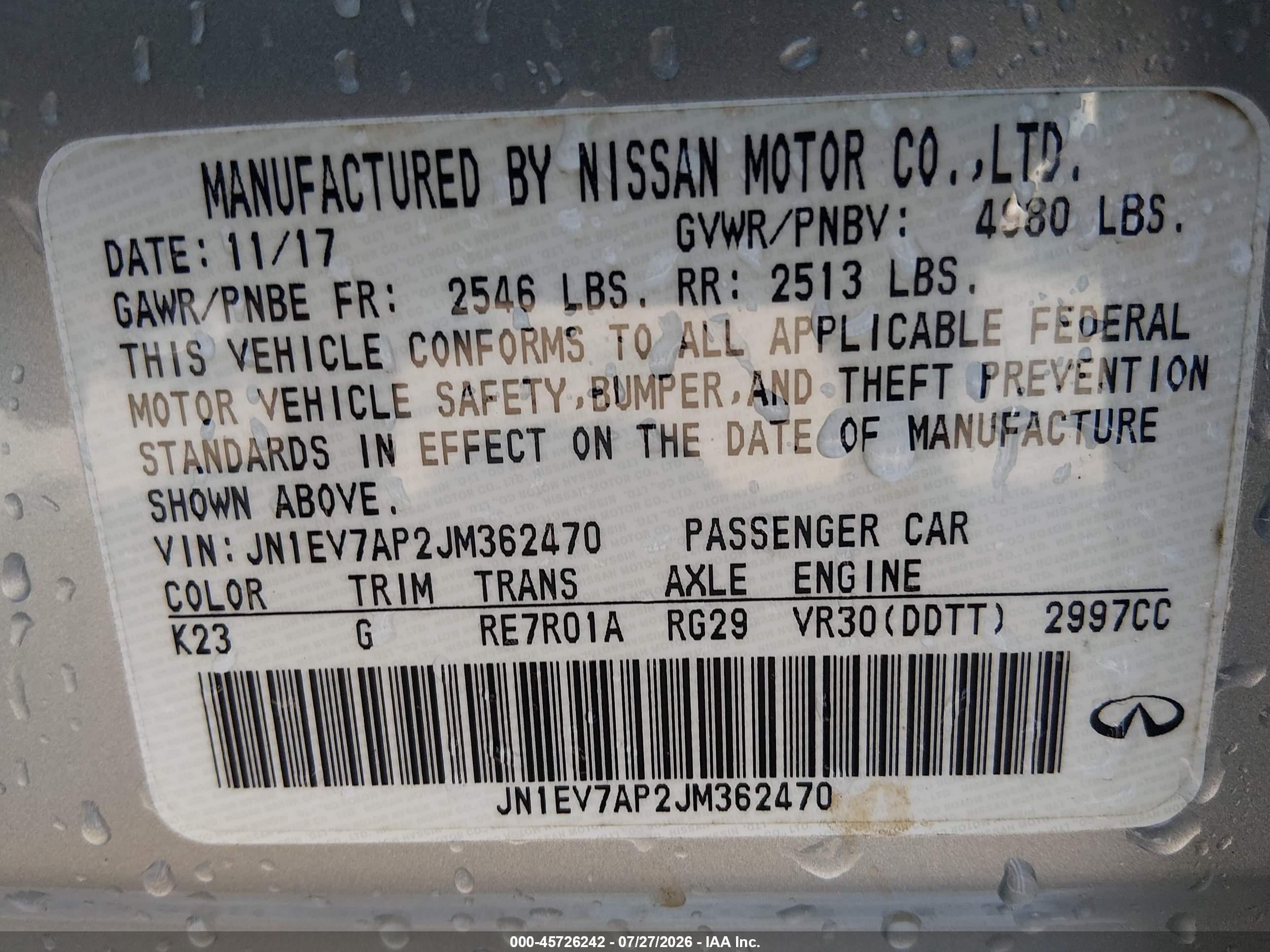 2018 Infiniti Q50 VIN JN1EV7AP2JM362470 IAAI salvage auction — Front & Rear, Clear (Arkansas), sold $1,700 on 2026-09-24 (photo 9)