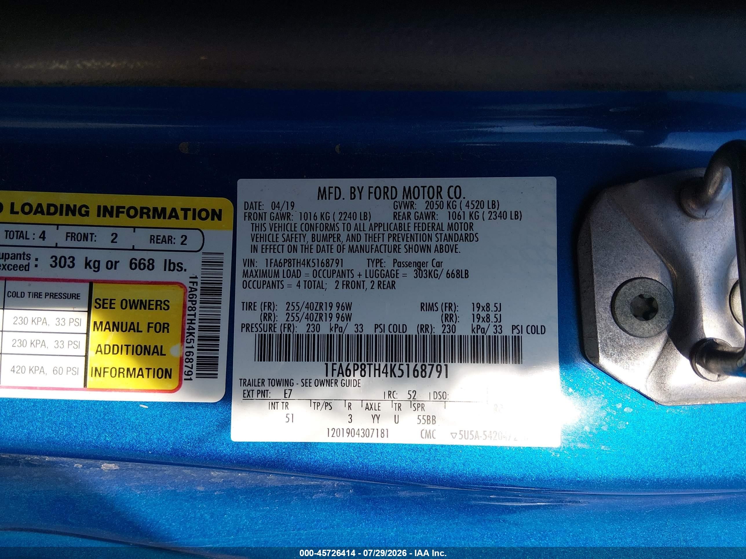 2019 Ford Mustang VIN 1FA6P8TH4K5168791 IAAI salvage auction — Rear End, Clear (Oklahoma), sold $7,500 on 2026-10-16 (photo 9)