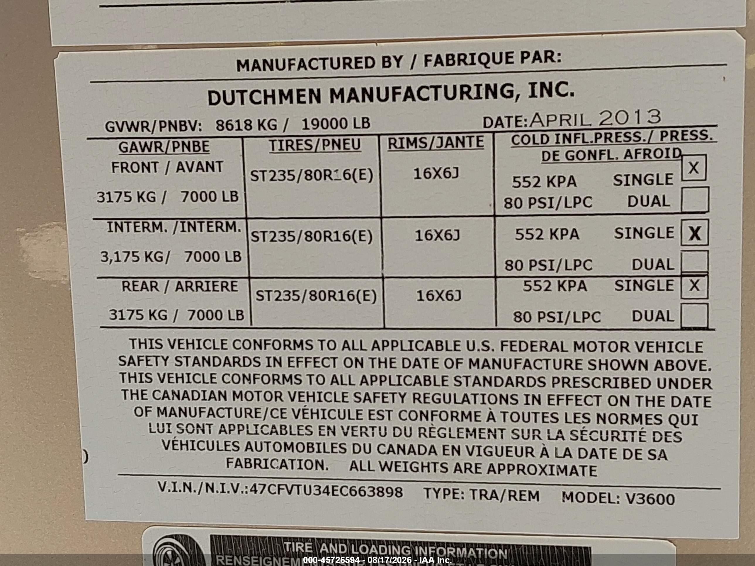 2014 Dutchmen Voltage VIN 47CFVTU34EC663898 IAAI salvage auction — Rear End, Salvage (Arizona), sold $12,250 on 2026-10-06 (photo 9)