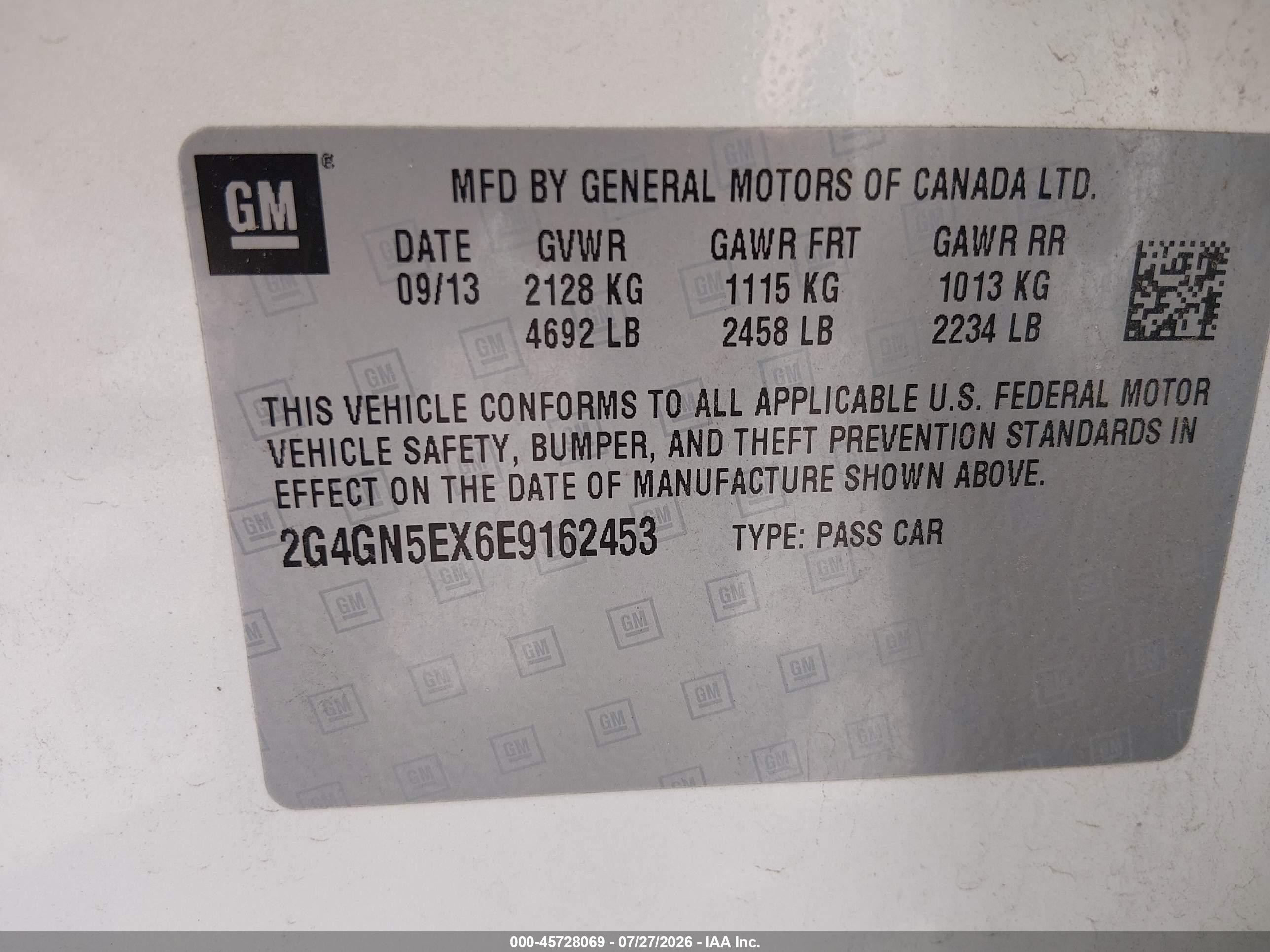 2014 Buick Regal VIN 2G4GN5EX6E9162453 IAAI salvage auction — Front & Rear, Salvage (Colorado), sold $750 on 2026-09-05 (photo 9)