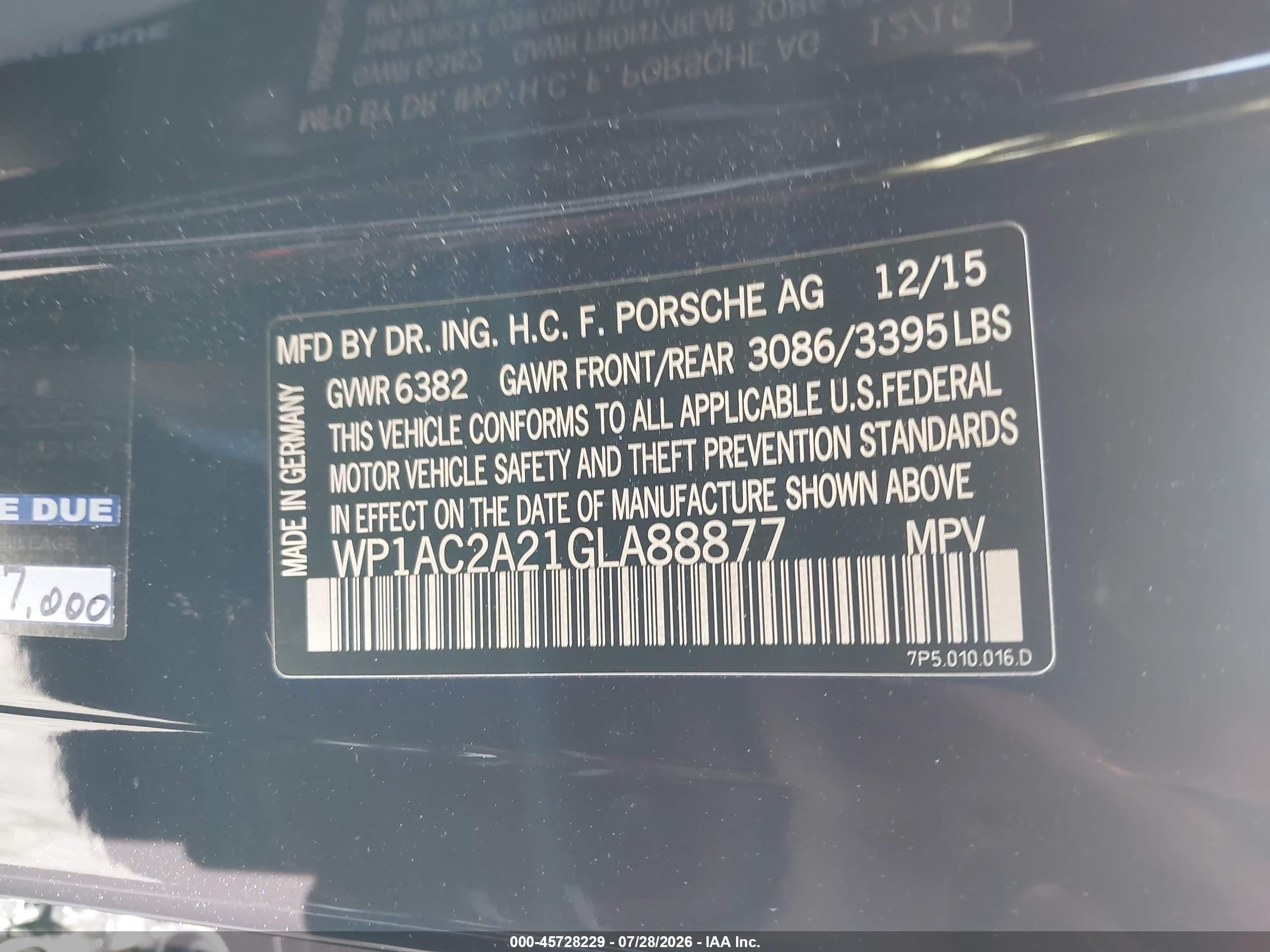 2016 Porsche Cayenne VIN WP1AC2A21GLA88877 IAAI salvage auction — Side, Salvage Certificate (California), sold $7,700 on 2026-09-02 (photo 9)