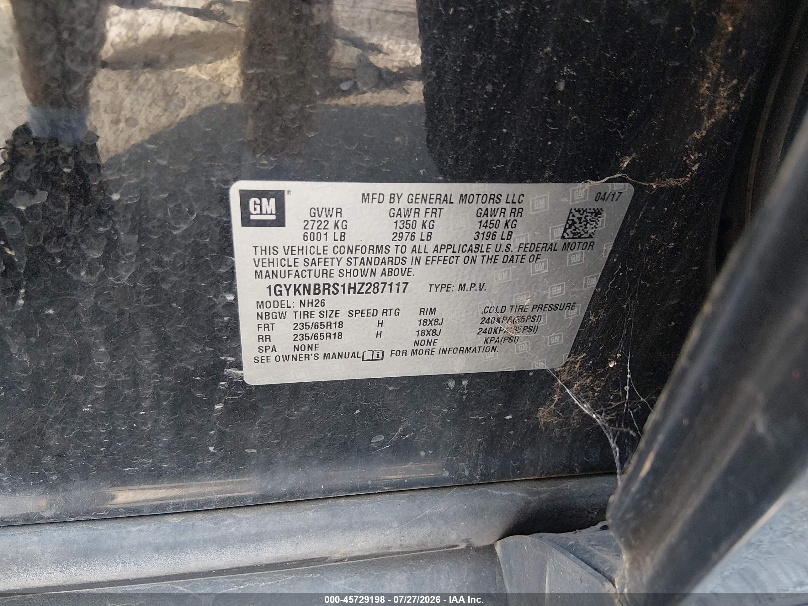 2017 Cadillac Xt5 VIN 1GYKNBRS1HZ287117 IAAI salvage auction — Water/Flood, Salvage (Iowa), sold $900 on 2026-09-01 (photo 9)