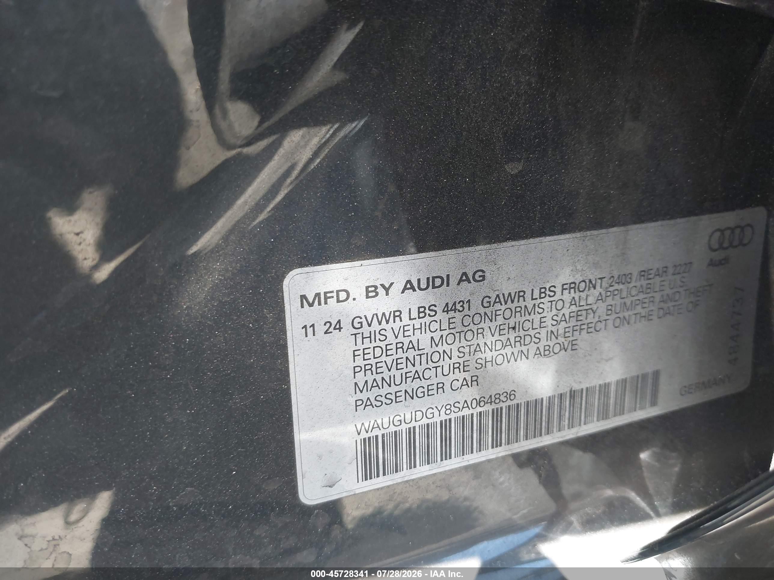 2025 Audi A3 VIN WAUGUDGY8SA064836 IAAI salvage auction — Unknown, Salvage Certificate (California), sold $7,400 on 2026-09-19 (photo 9)