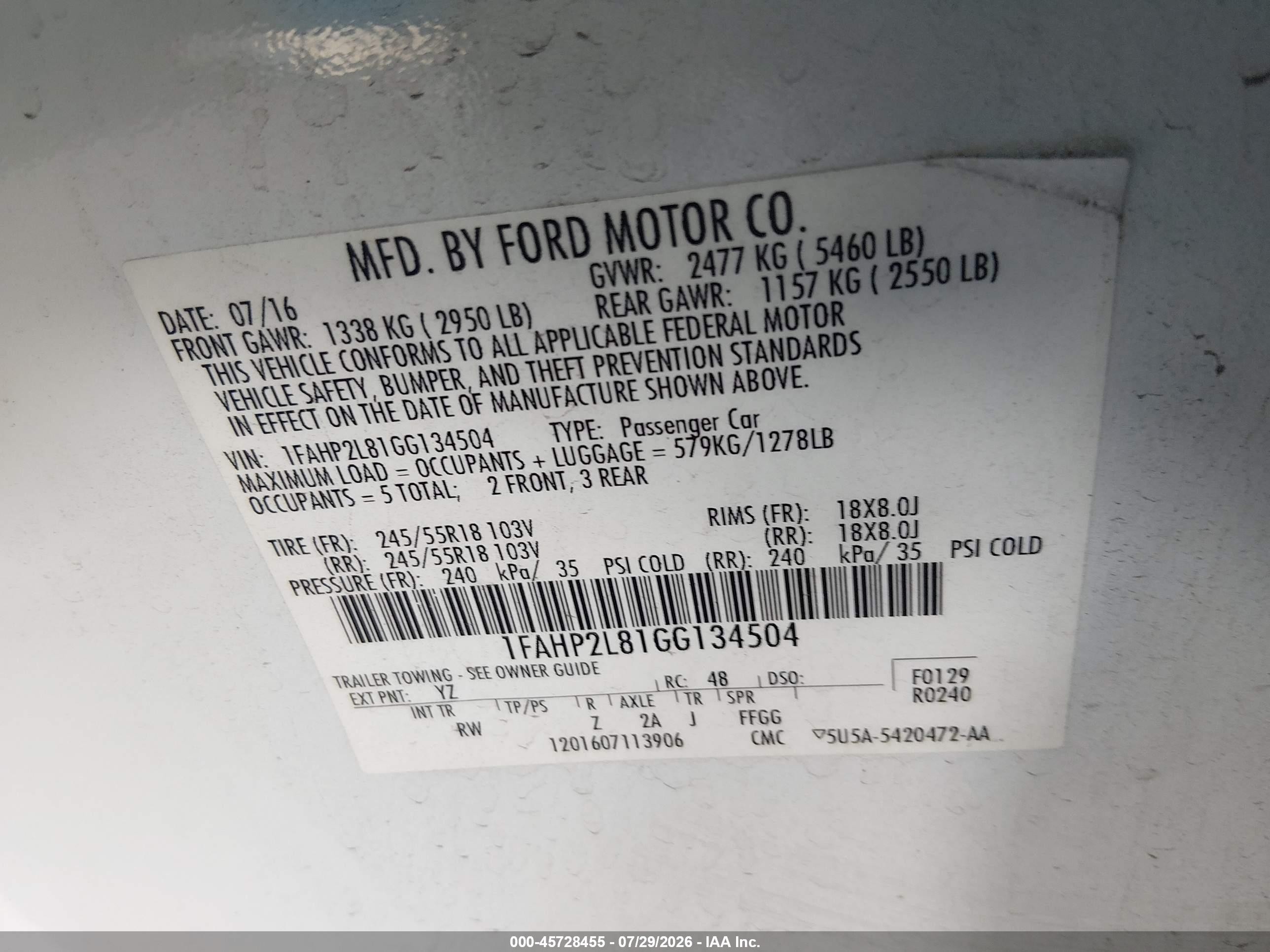2016 Ford Taurus VIN 1FAHP2L81GG134504 IAAI salvage auction — Front End, Salvage (New Mexico), sold $550 on 2026-09-08 (photo 9)