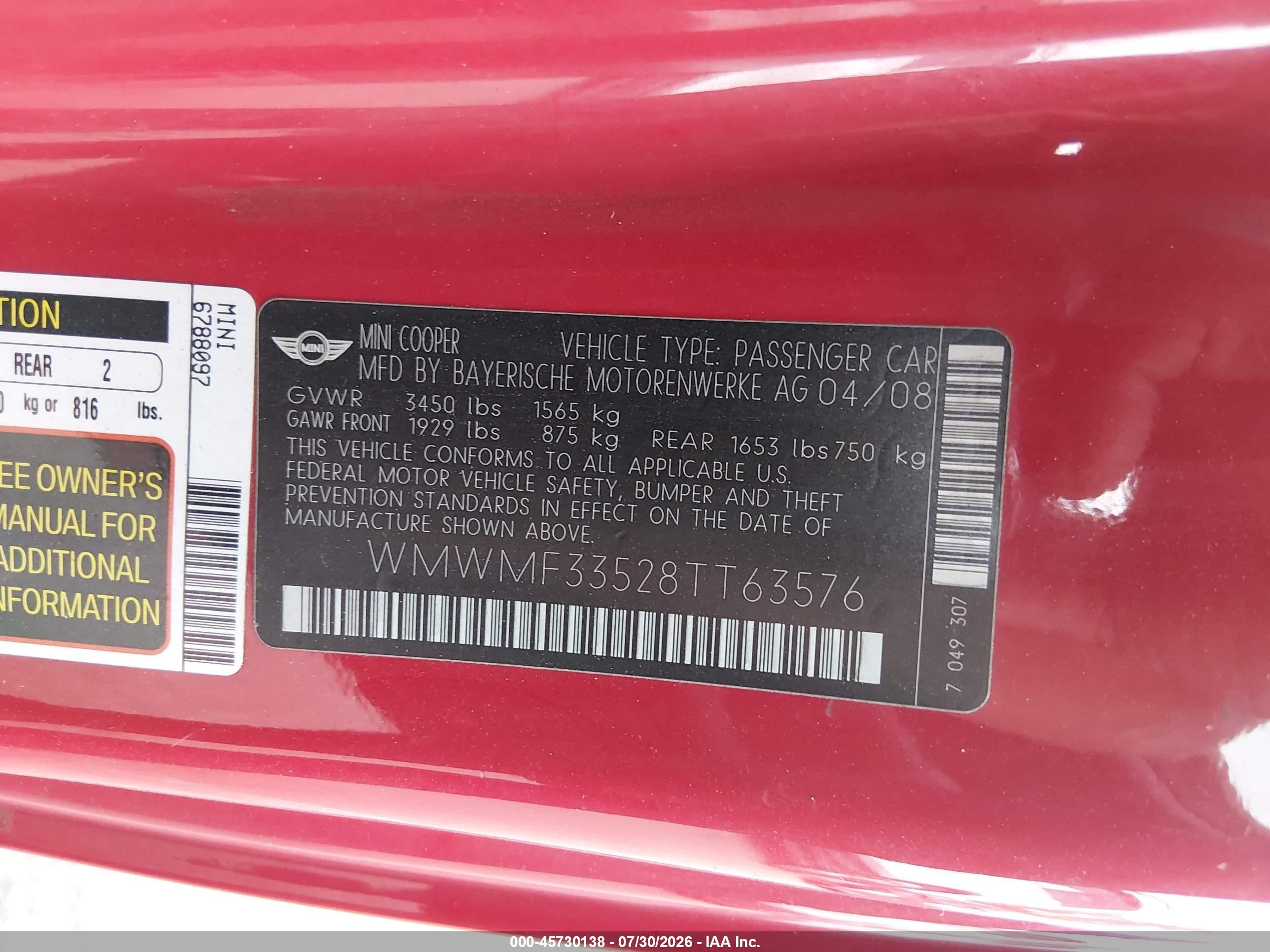 2008 Mini Hardtop VIN WMWMF33528TT63576 IAAI salvage auction — Unknown, Salvage (New Jersey), sold $500 on 2026-09-14 (photo 9)