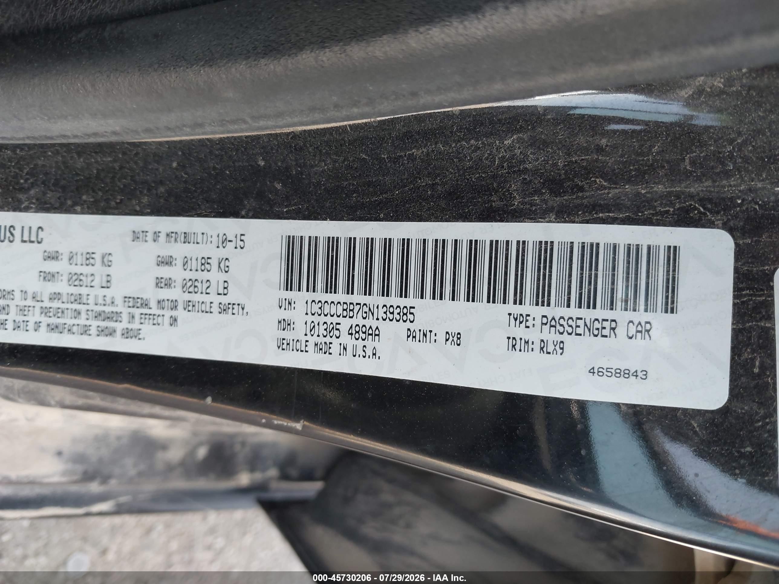 2016 Chrysler 200 VIN 1C3CCCBB7GN139385 IAAI salvage auction — Side, Salvage (Texas), sold $500 on 2026-09-06 (photo 9)