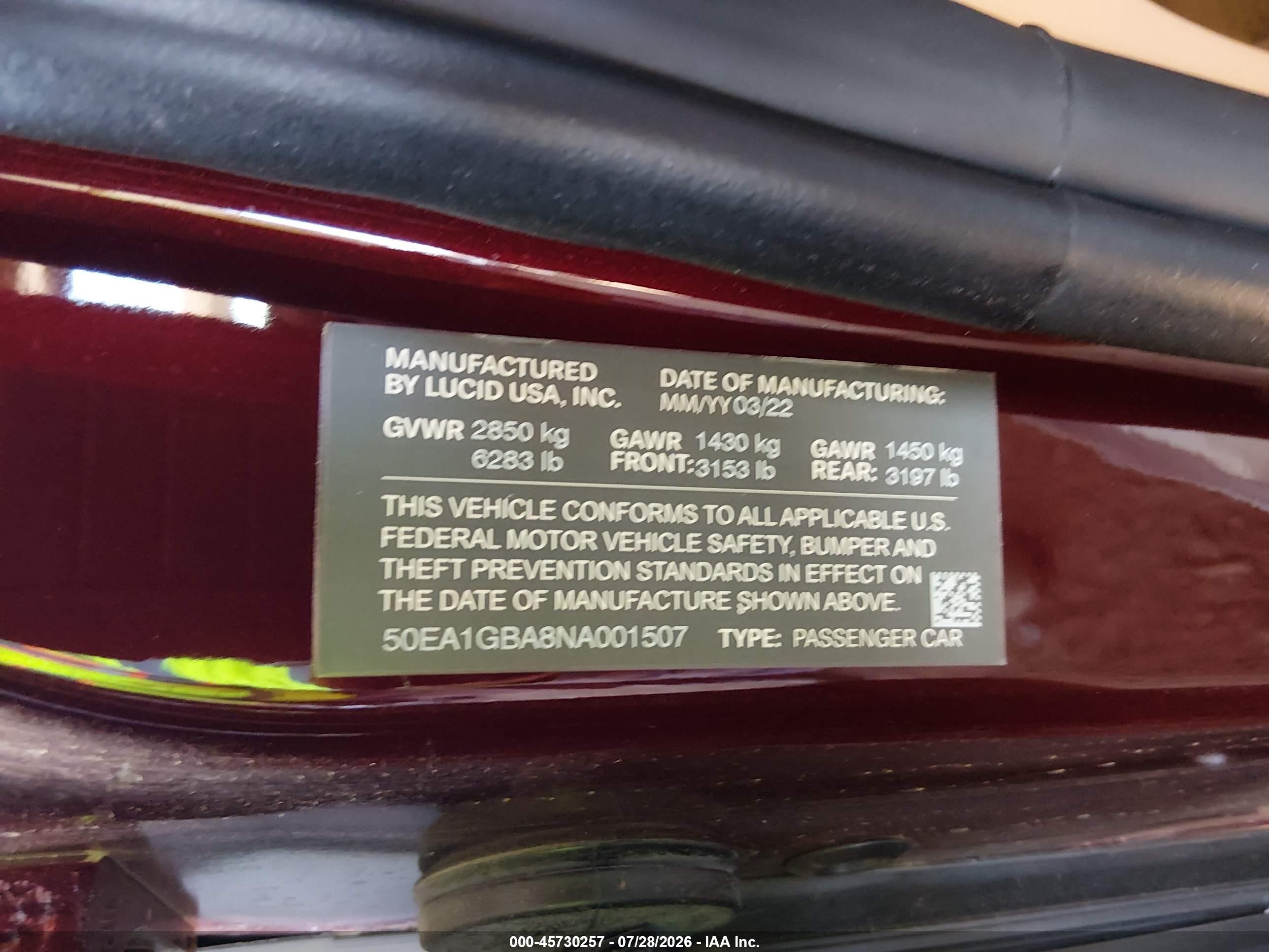2022 Lucid Air VIN 50EA1GBA8NA001507 IAAI salvage auction — Front End, Salvage (Arizona), sold $10,300 on 2026-09-03 (photo 9)