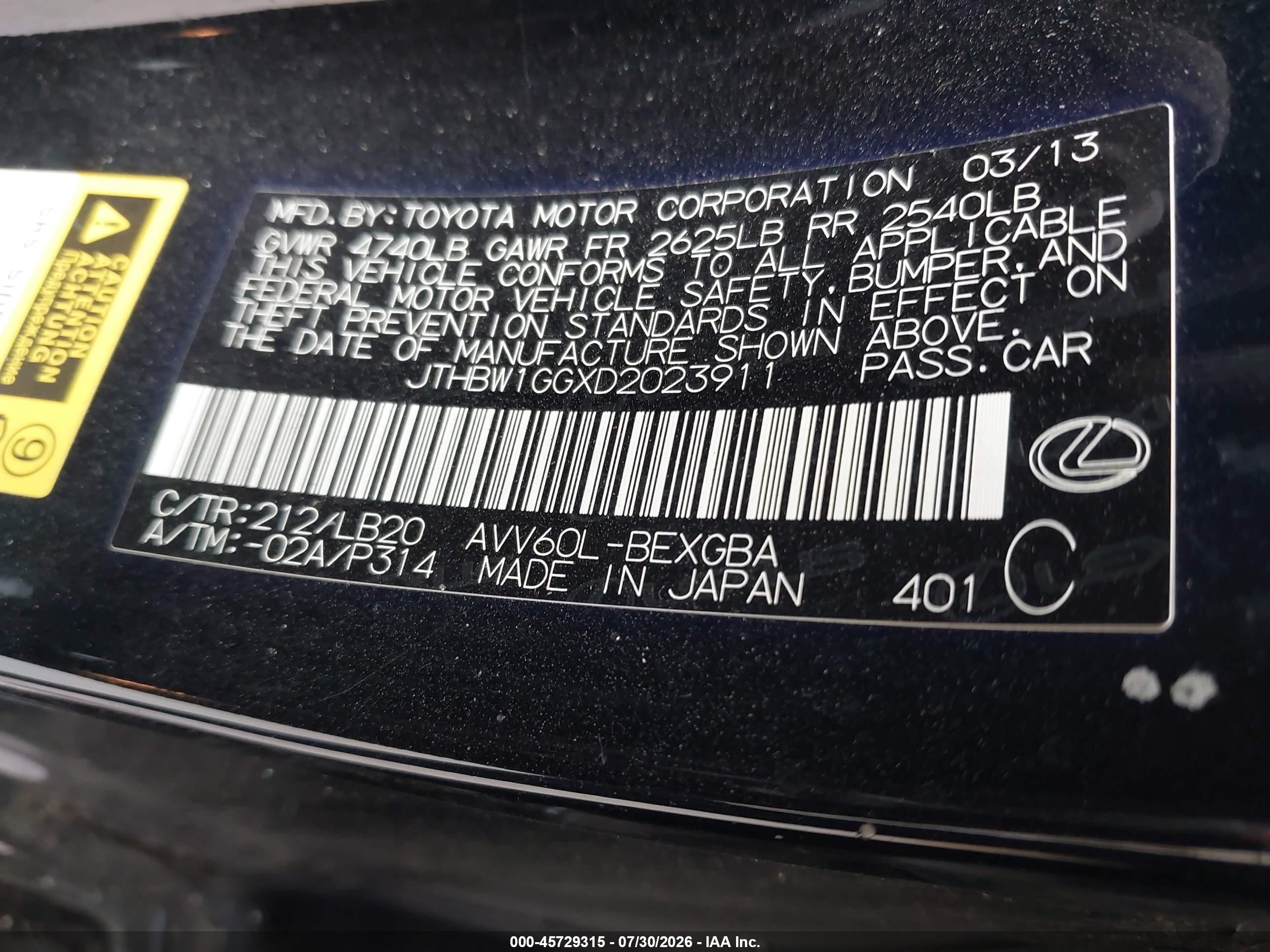 2013 Lexus ES VIN JTHBW1GGXD2023911 IAAI salvage auction — Water/Flood, Salvage (Idaho), sold $3,050 on 2026-10-03 (photo 9)