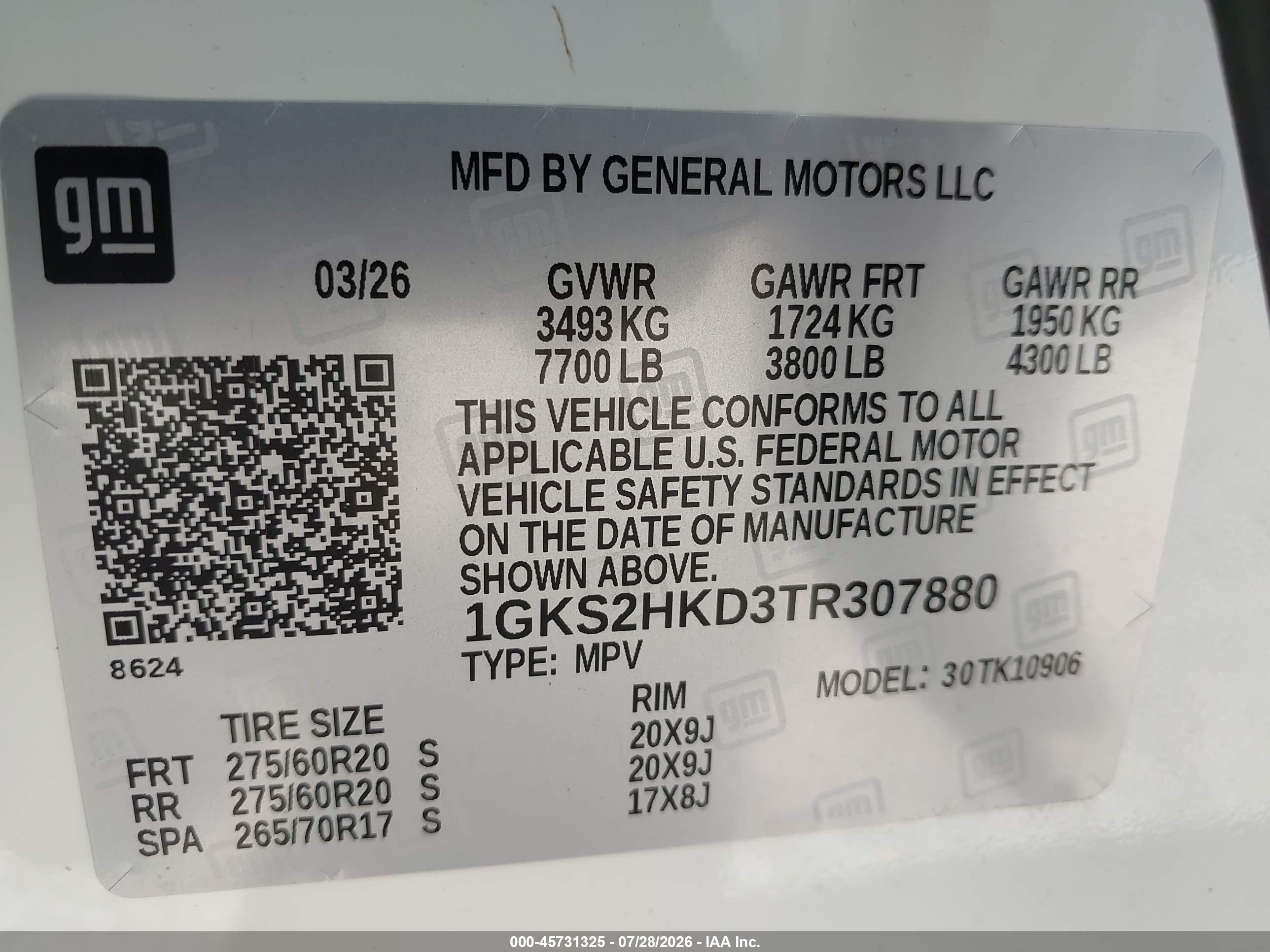 2026 Gmc Yukon VIN 1GKS2HKD3TR307880 IAAI salvage auction — Water/Flood, Salvage (Texas), sold $38,925 on 2026-10-05 (photo 9)