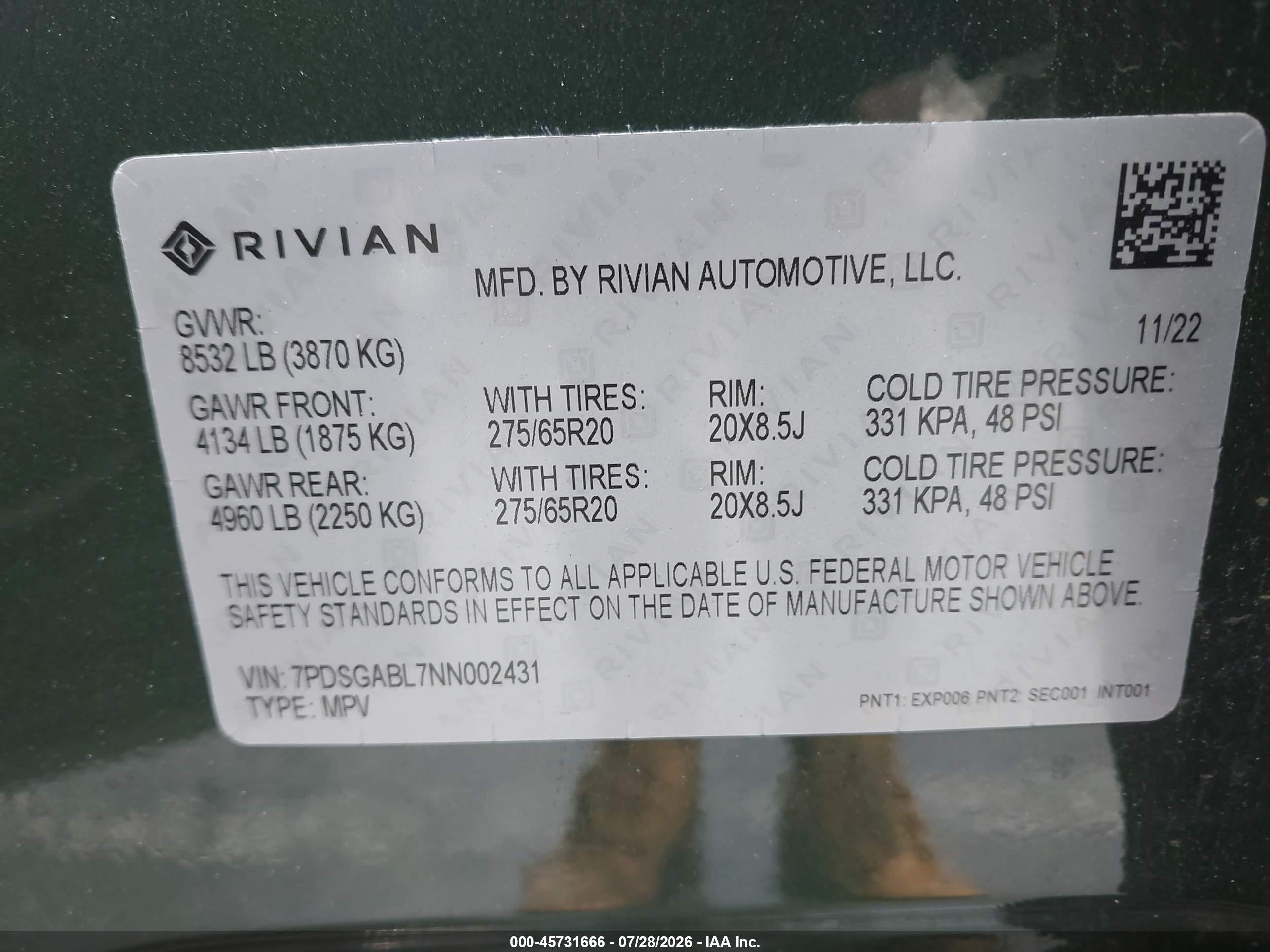 2022 Rivian R1s VIN 7PDSGABL7NN002431 IAAI salvage auction — Front End, Mv-907A (New York), sold $13,700 on 2026-09-16 (photo 9)