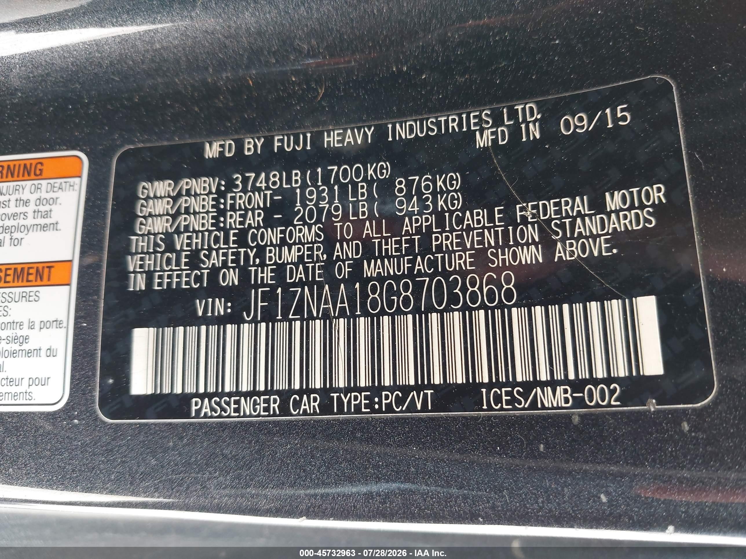 2016 Scion Fr-s VIN JF1ZNAA18G8703868 IAAI salvage auction — Unknown, Salvage (Texas), sold $1,750 on 2026-09-16 (photo 9)