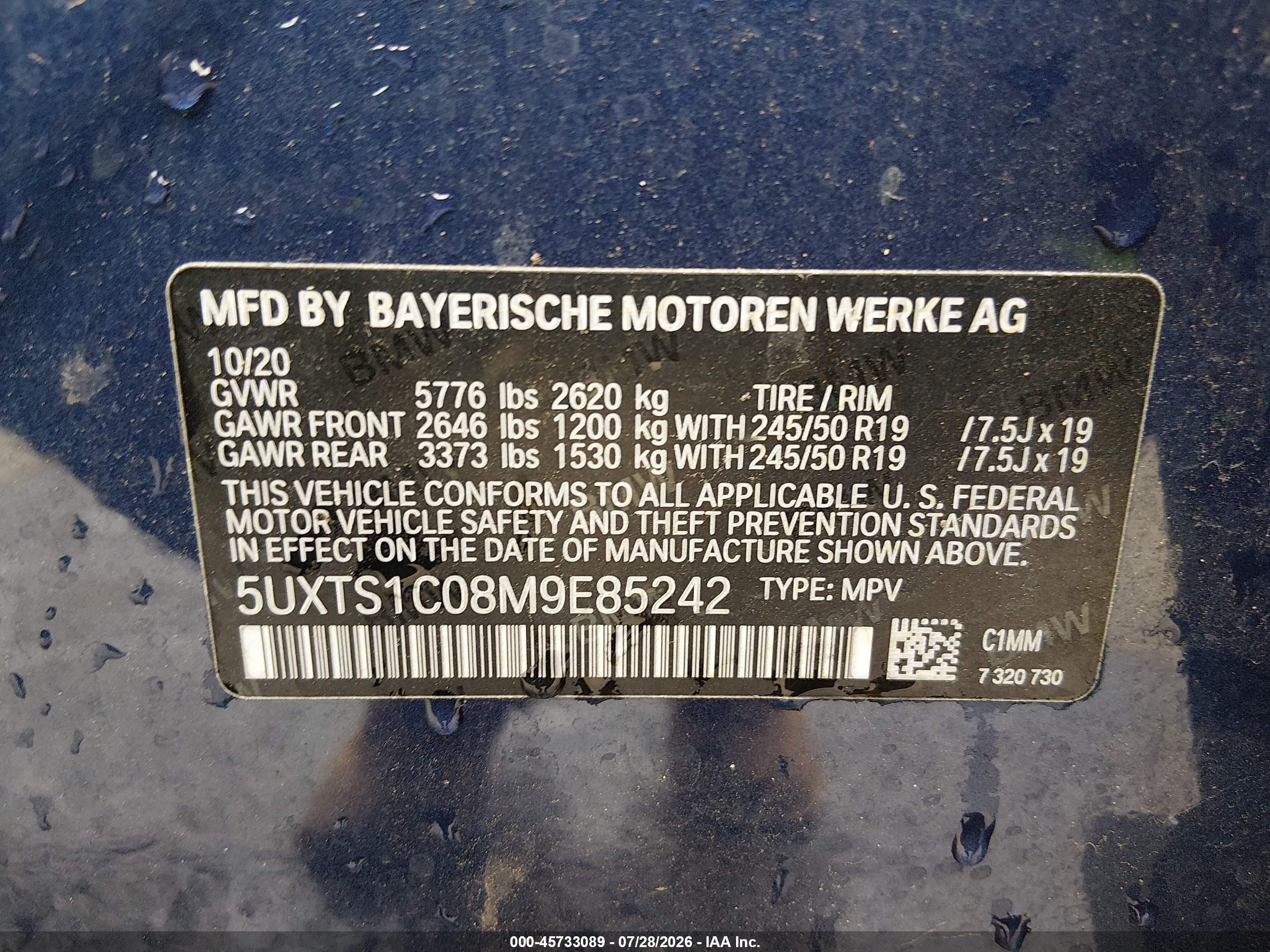 2021 BMW X3 VIN 5UXTS1C08M9E85242 IAAI salvage auction — Front End, Salvage - Greater Than 75% (Maryland), sold $9,850 on 2026-09-25 (photo 9)