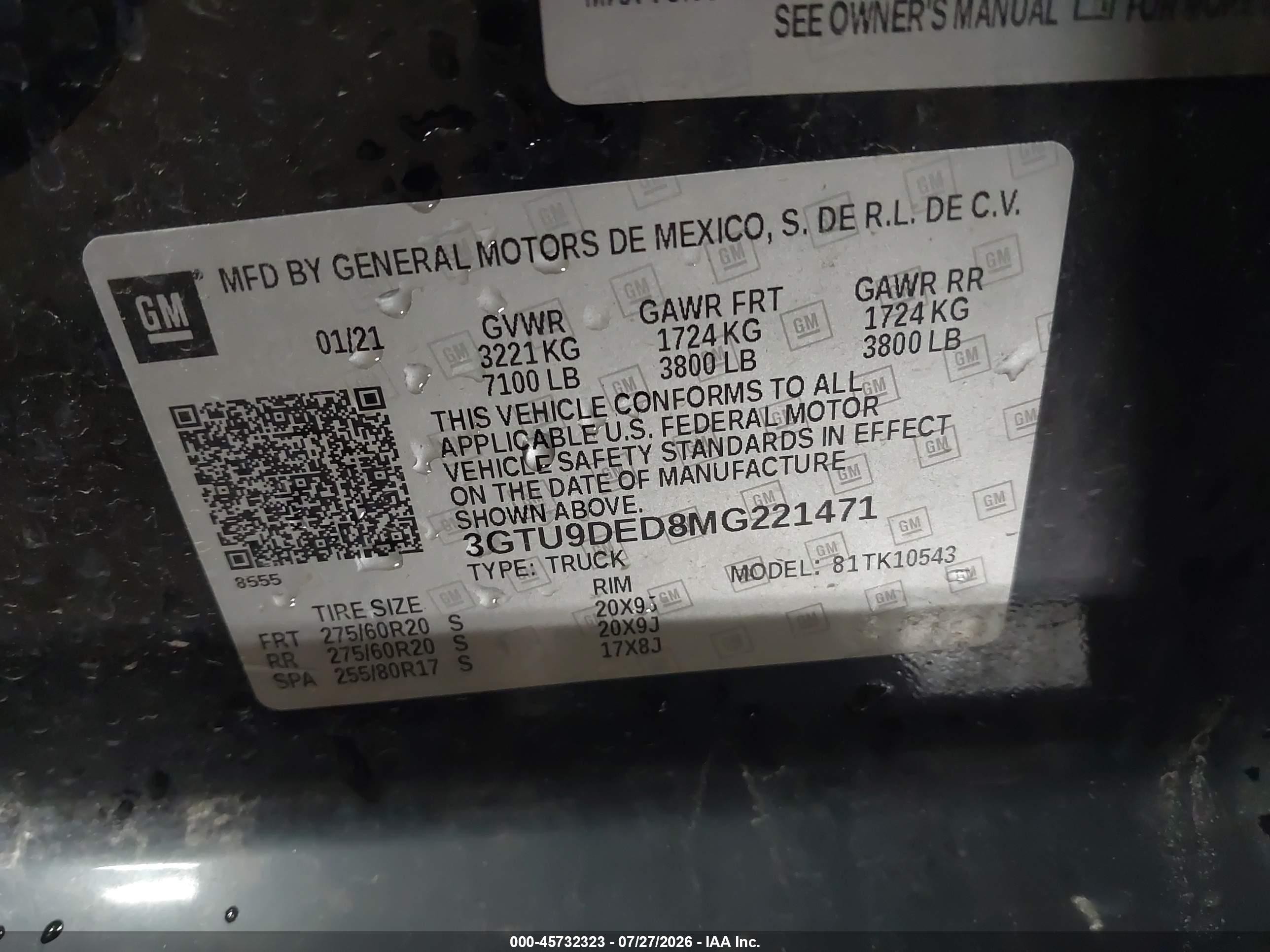 2021 Gmc SIERRA VIN 3GTU9DED8MG221471 IAAI salvage auction — Front End, Salvage (North Dakota), sold $8,700 on 2026-08-26 (photo 9)