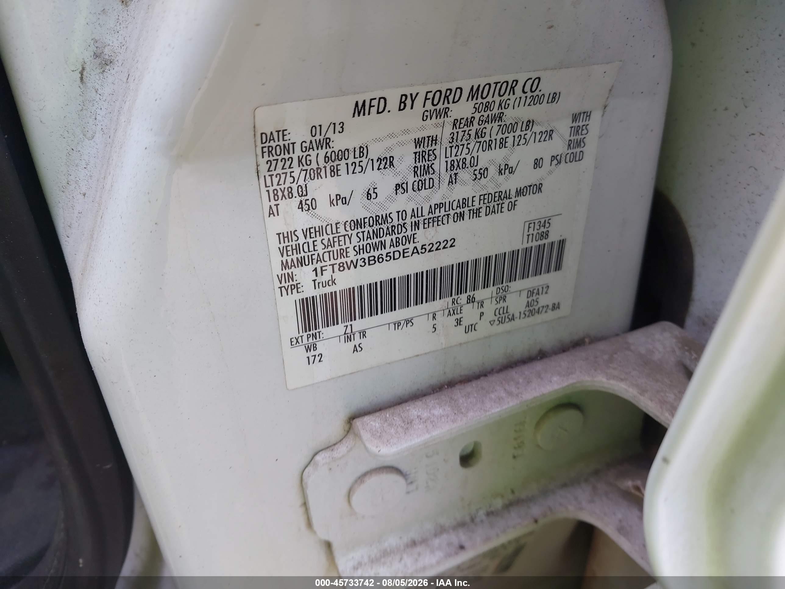 2013 Ford F350 VIN 1FT8W3B65DEA52222 IAAI salvage auction — Normal Wear, Clear (Virginia), sold $600 on 2026-09-01 (photo 8)