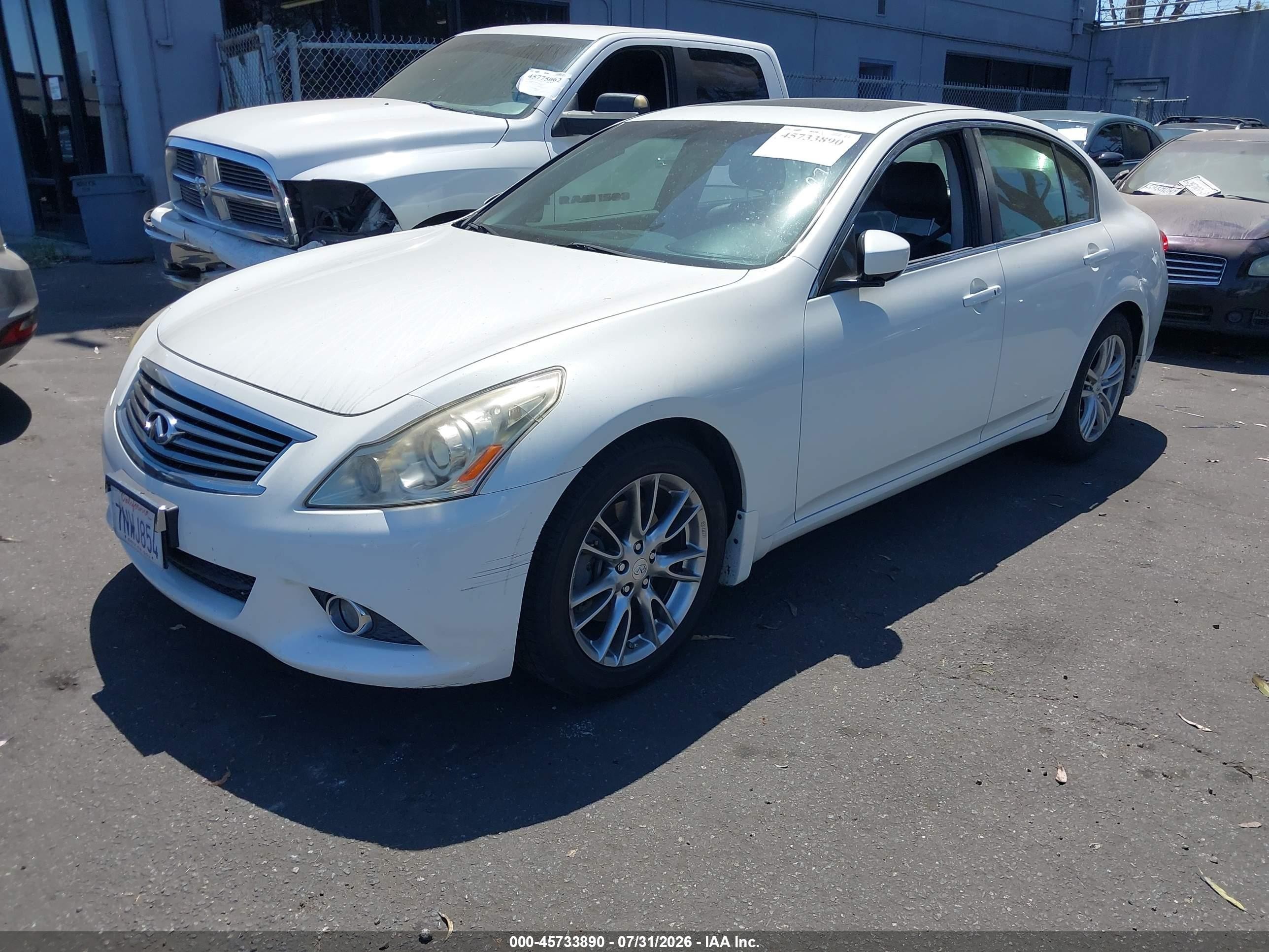 2013 Infiniti G37 VIN JN1CV6AP8DM710326 IAAI salvage auction — Side, Salvage Certificate (California), sold $2,000 on 2026-09-11 (photo 2)