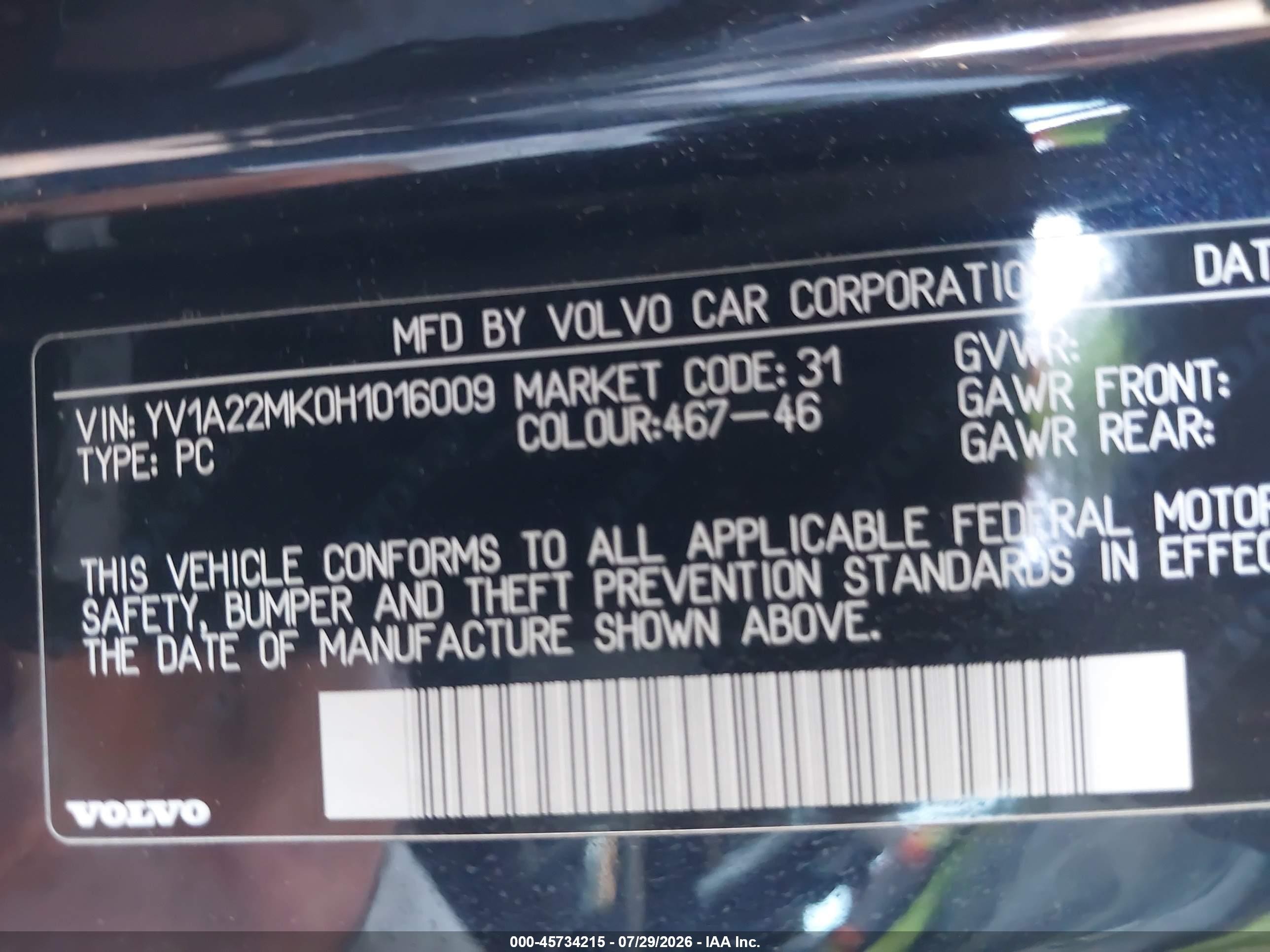 2017 Volvo S90 VIN YV1A22MK0H1016009 IAAI salvage auction — Front End, Salvage (California), sold $5,100 on 2026-09-14 (photo 9)