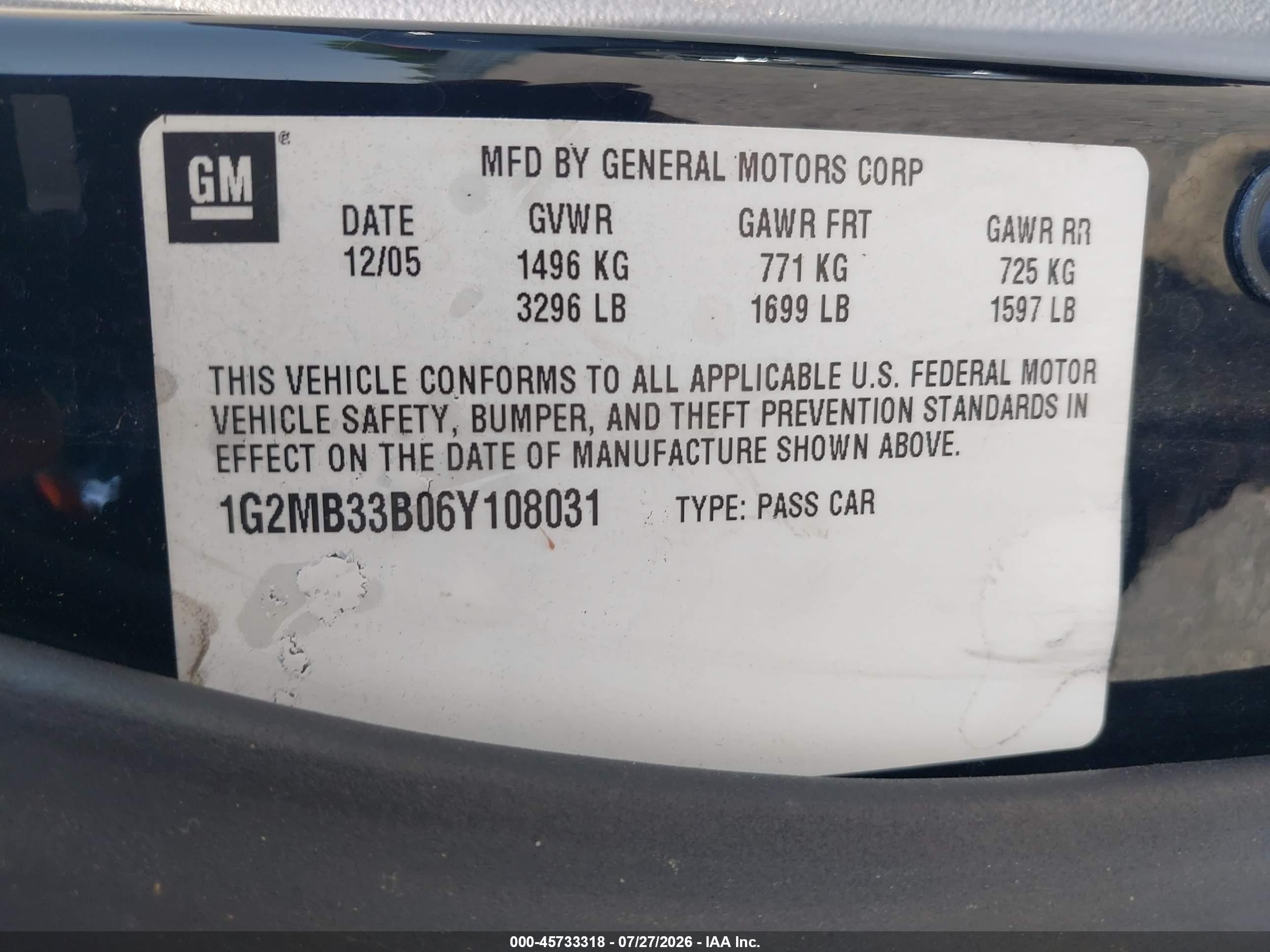 2006 Pontiac Solstice VIN 1G2MB33B06Y108031 IAAI salvage auction — Front End, Clear (Arkansas), sold $450 on 2026-09-12 (photo 9)