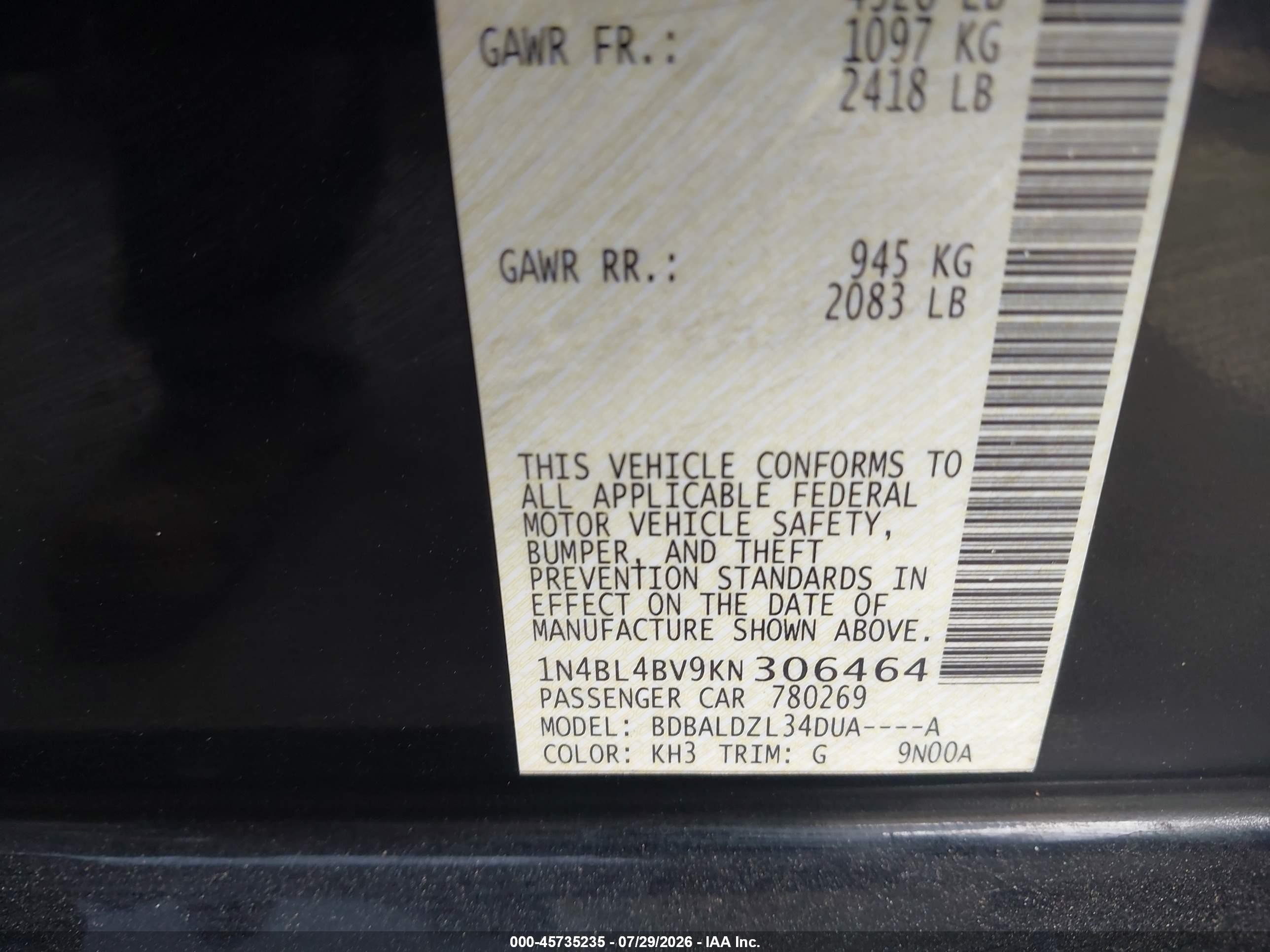 2019 Nissan Altima VIN 1N4BL4BV9KN306464 IAAI salvage auction — Hail, Original (Texas), sold $5,050 on 2026-09-08 (photo 9)