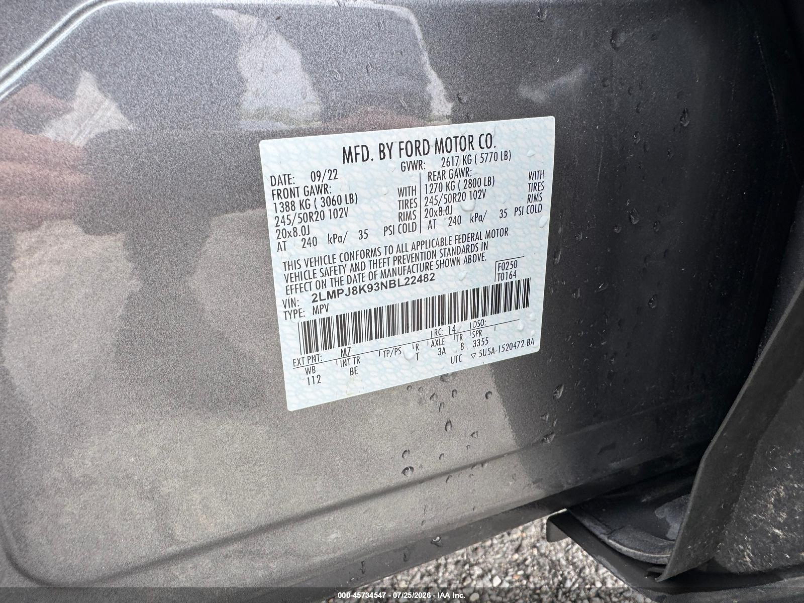 2022 Lincoln Nautilus VIN 2LMPJ8K93NBL22482 IAAI salvage auction — Unknown, Clear (New York), sold $4,450 on 2026-08-19 (photo 9)