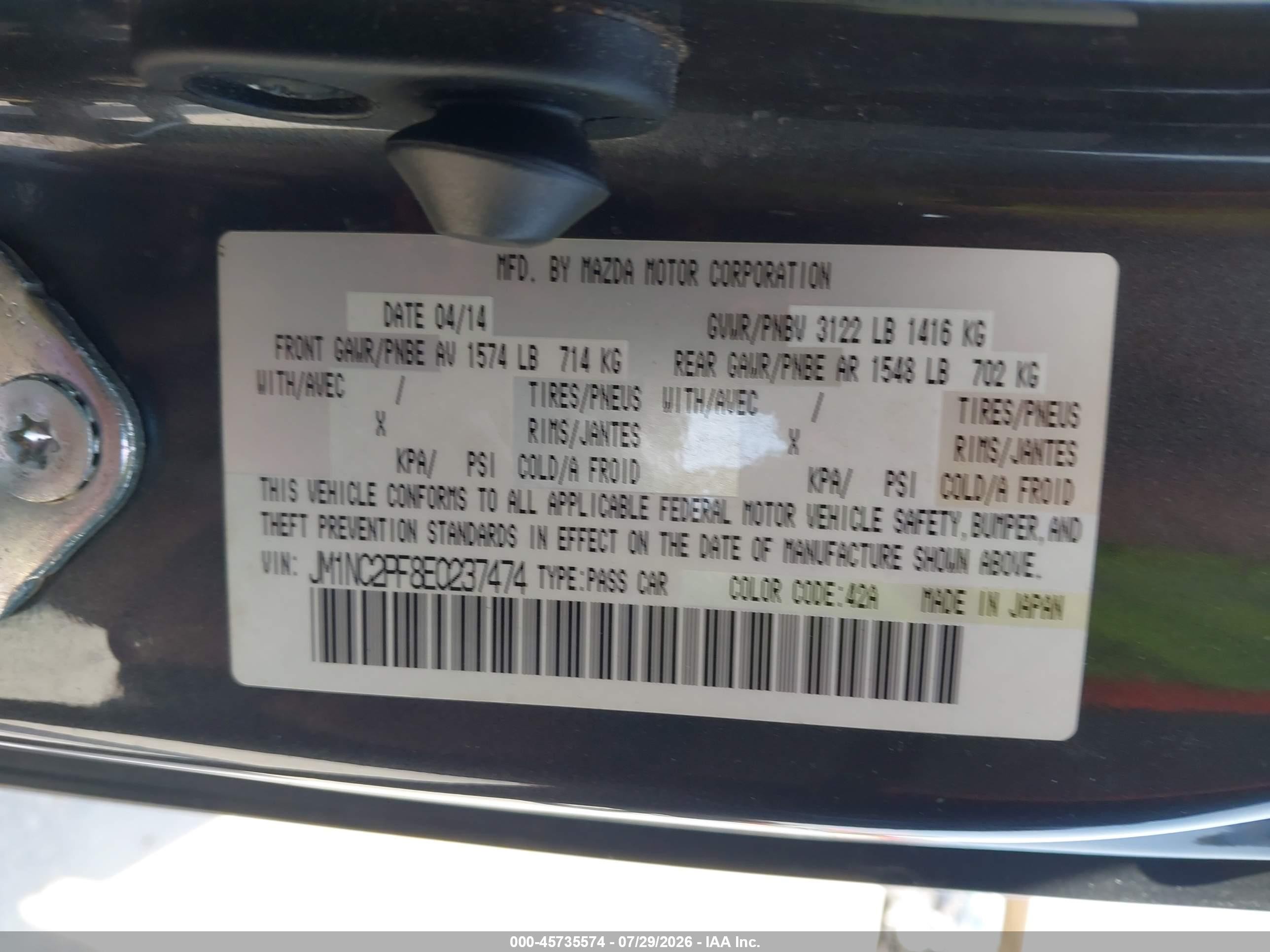 2014 Mazda Mx-5 VIN JM1NC2PF8E0237474 IAAI salvage auction — Front End, Original (Texas), sold $5,800 on 2026-09-07 (photo 9)