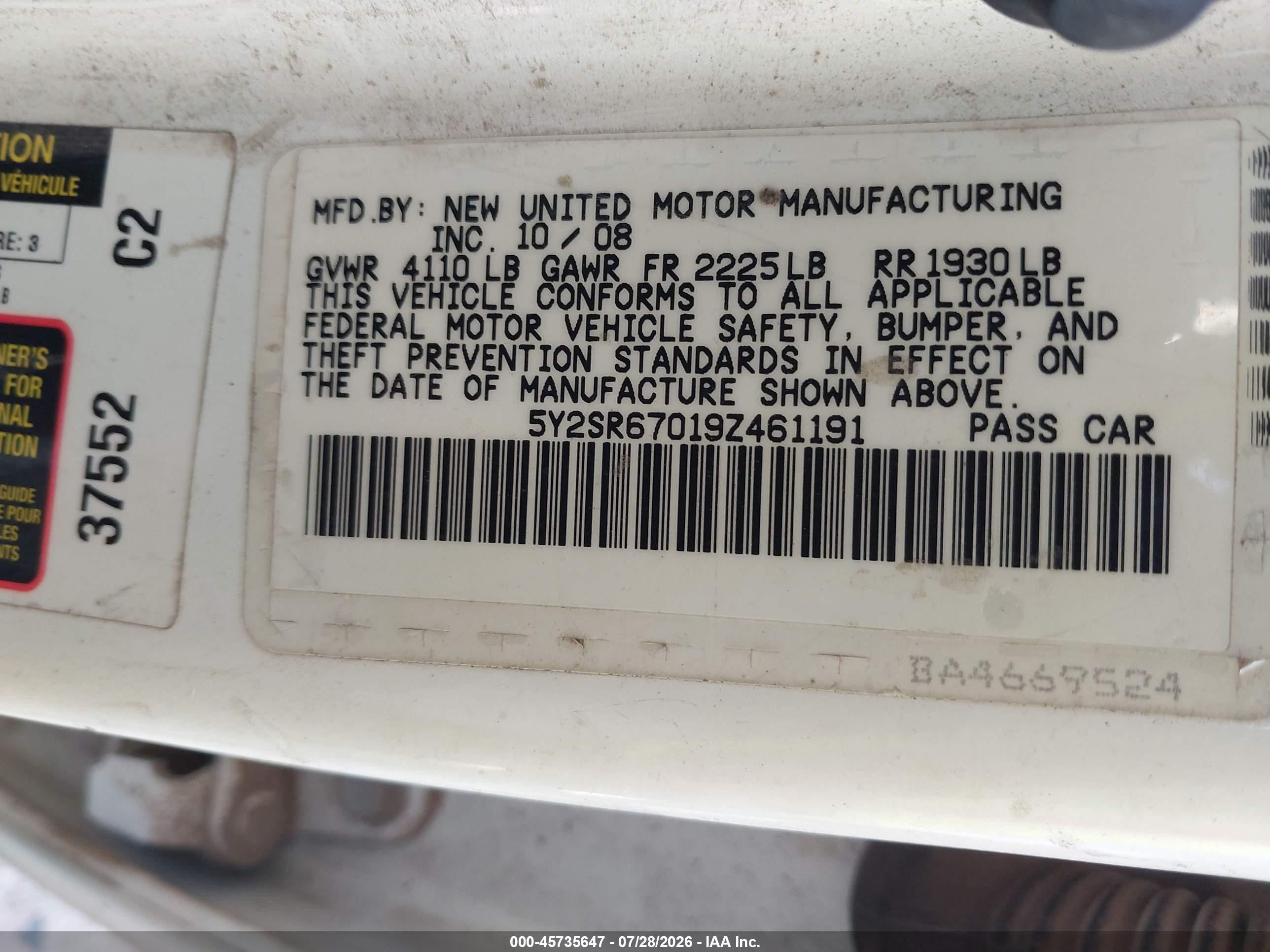 2009 Pontiac Vibe VIN 5Y2SR67019Z461191 IAAI salvage auction — Normal Wear, Clear (Montana), sold $400 on 2026-09-03 (photo 9)