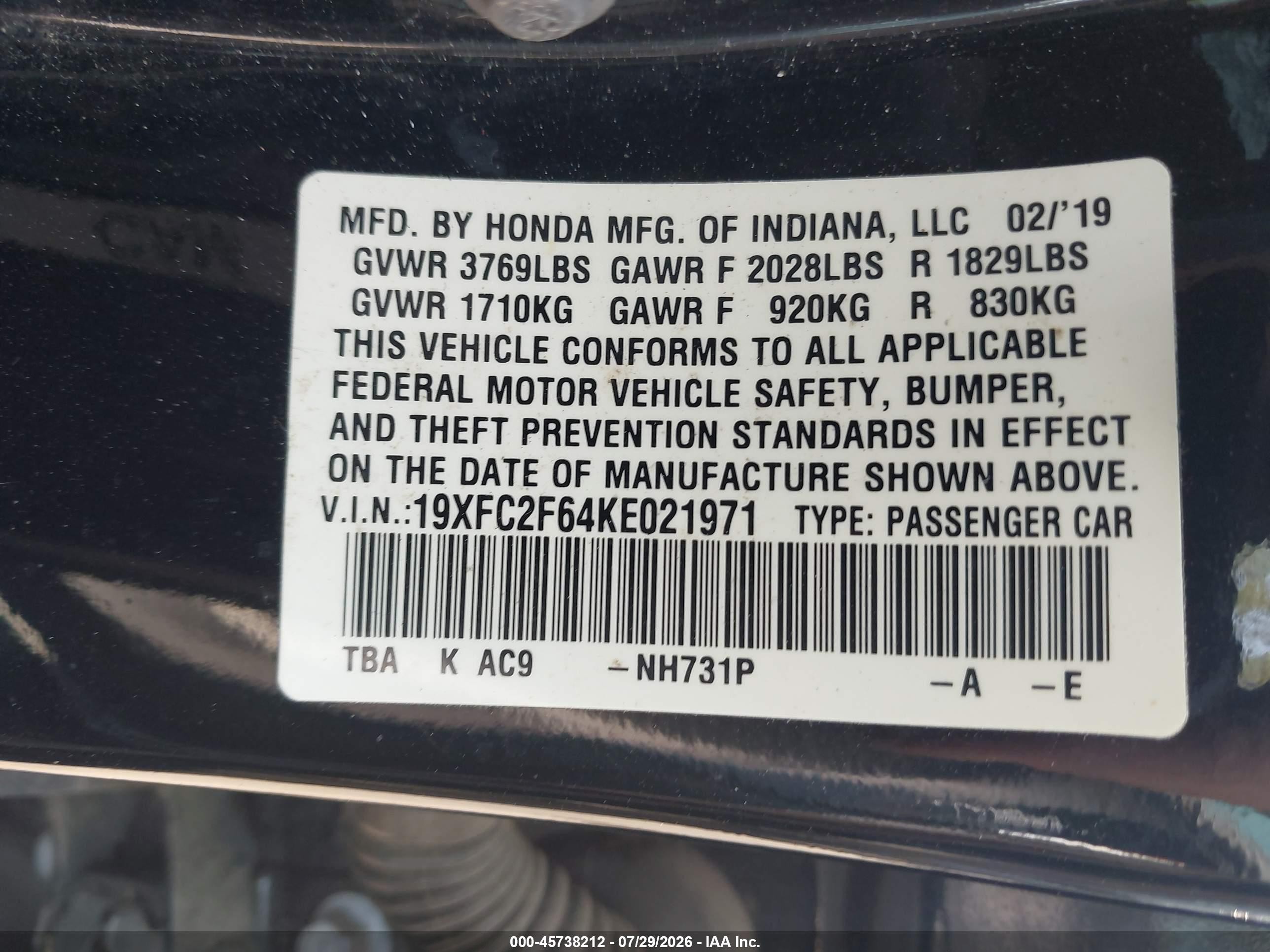 2019 Honda Civic VIN 19XFC2F64KE021971 IAAI salvage auction — Side, Salvage (South Carolina), sold $3,100 on 2026-09-01 (photo 9)