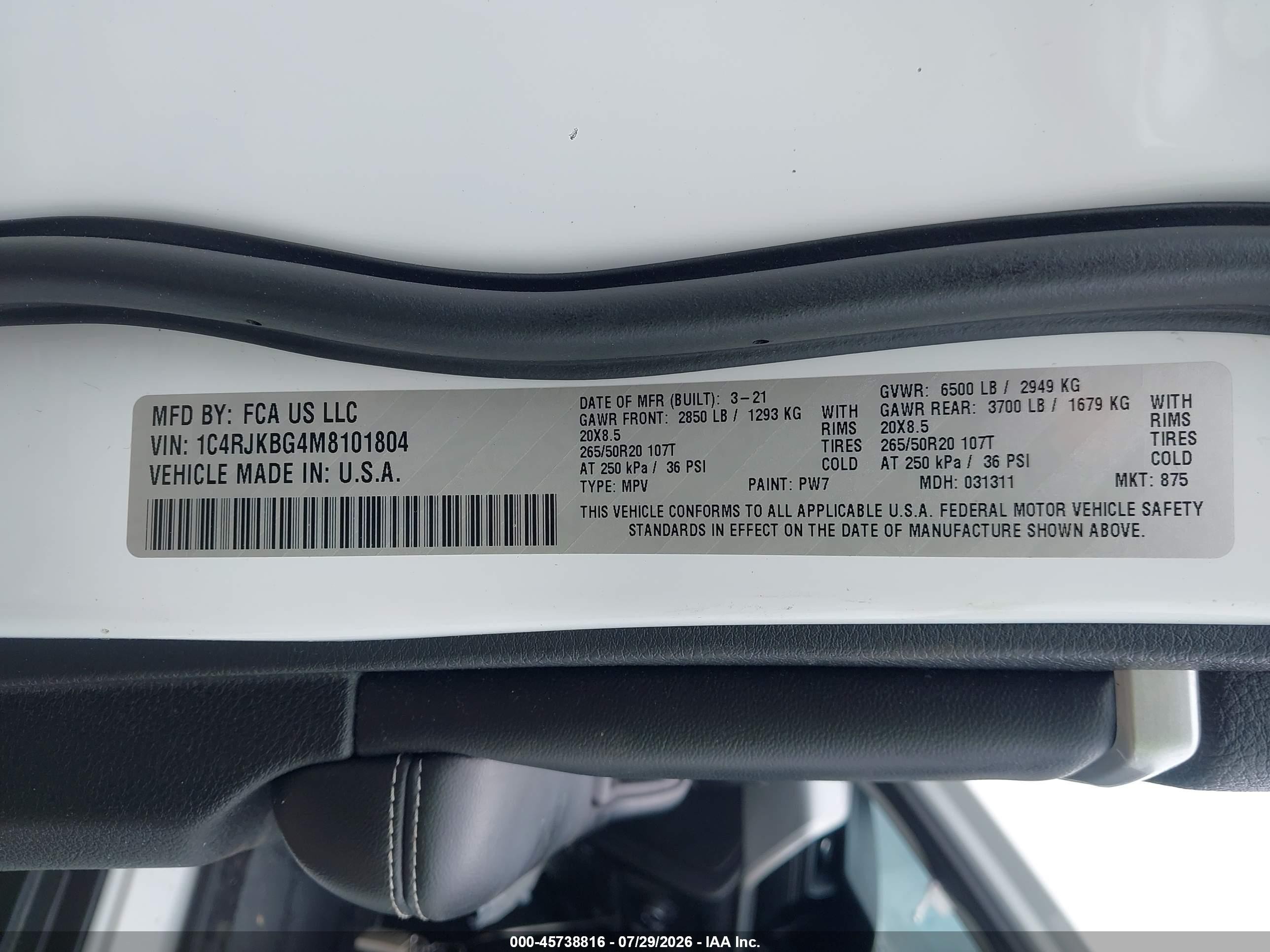 2021 Jeep Grand cherokee VIN 1C4RJKBG4M8101804 IAAI salvage auction — Front End, Salvage (Georgia), sold $7,150 on 2026-09-09 (photo 9)