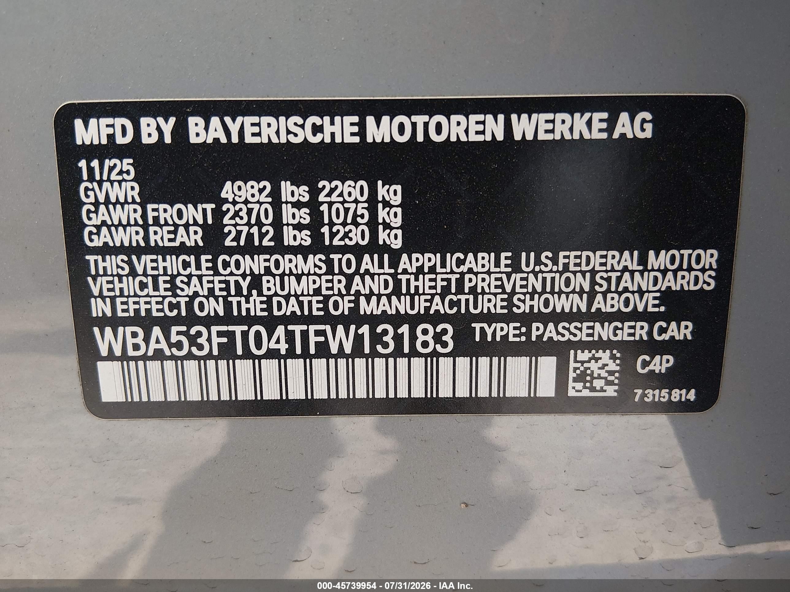 2026 BMW M340i VIN WBA53FT04TFW13183 IAAI salvage auction — Front End, Salvage - Greater Than 75% (Maryland), sold $25,250 on 2026-09-18 (photo 9)