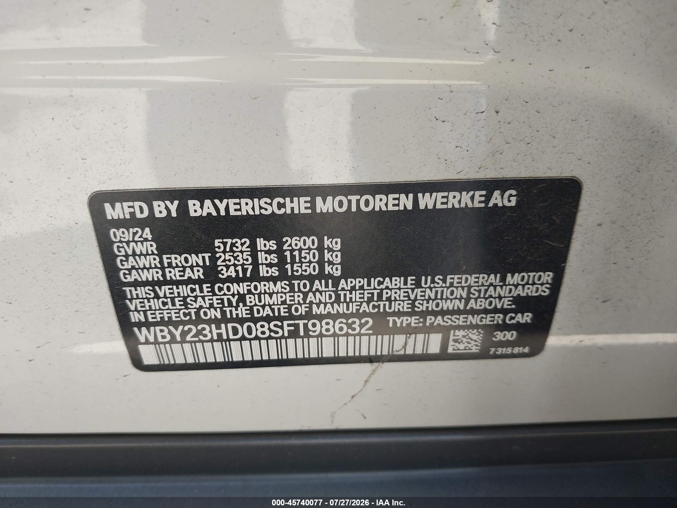 2025 BMW i4 VIN WBY23HD08SFT98632 IAAI salvage auction — Front End, Salvage (California), sold $19,800 on 2026-08-24 (photo 9)