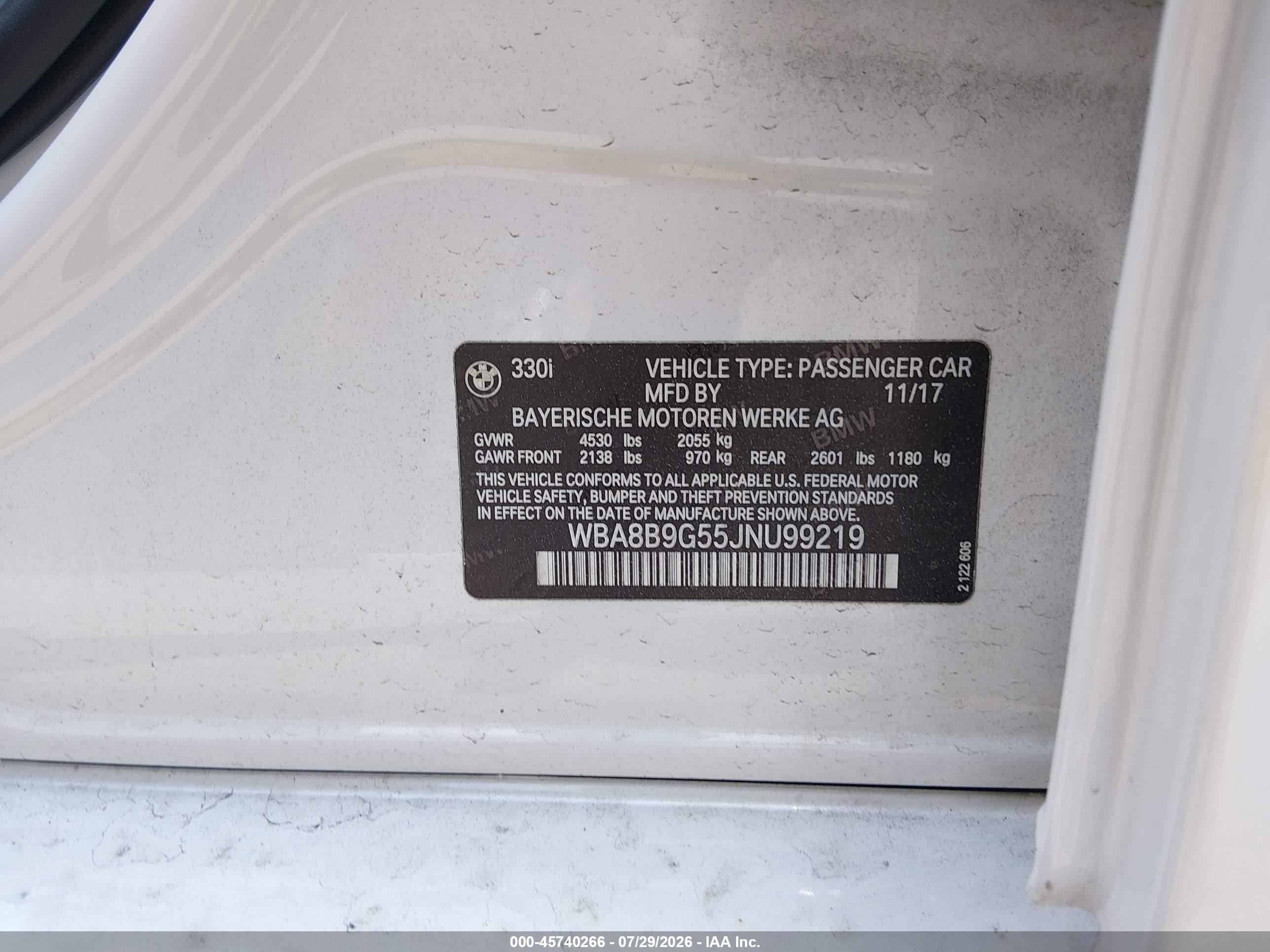 2018 BMW 3er VIN WBA8B9G55JNU99219 IAAI salvage auction — Rear End, Salvage (New Jersey), sold $4,550 on 2026-10-03 (photo 9)