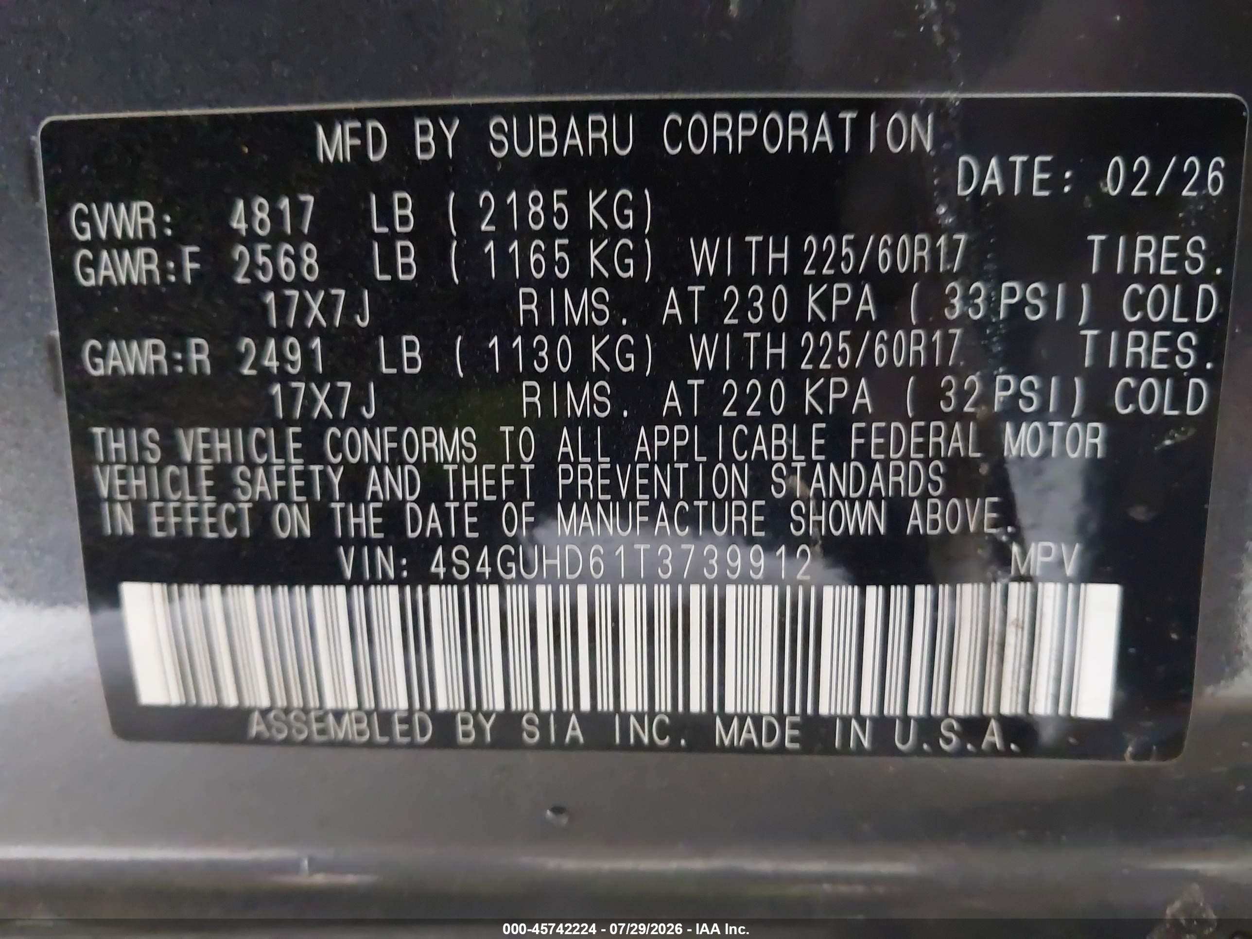 2026 Subaru Xv VIN 4S4GUHD61T3739912 IAAI salvage auction — Front End, Mv-907A (New York), sold $7,100 on 2026-09-06 (photo 9)