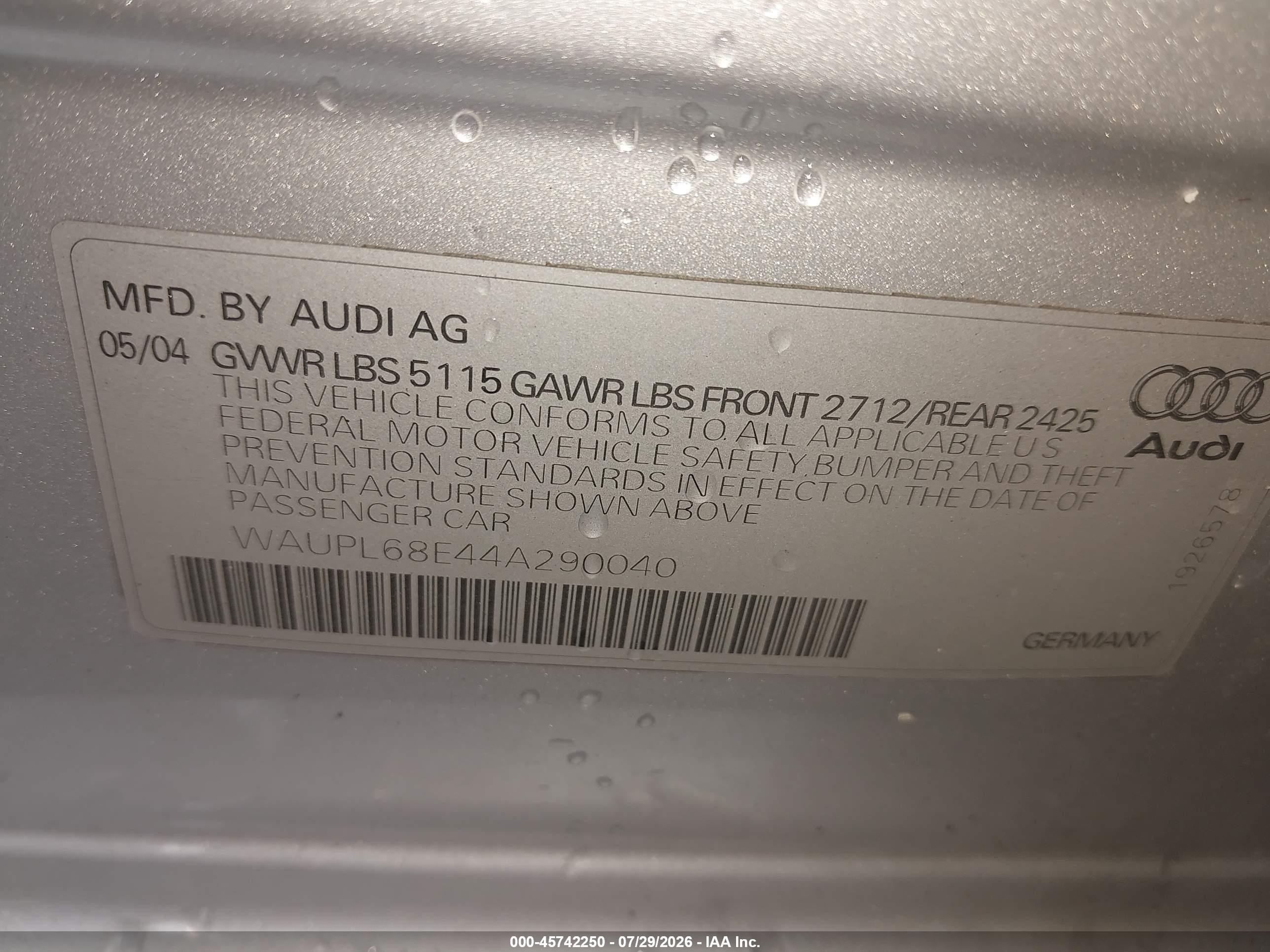 2004 Audi S4 VIN WAUPL68E44A290040 IAAI salvage auction — Front End, Salvage (New Jersey), sold $550 on 2026-09-08 (photo 9)
