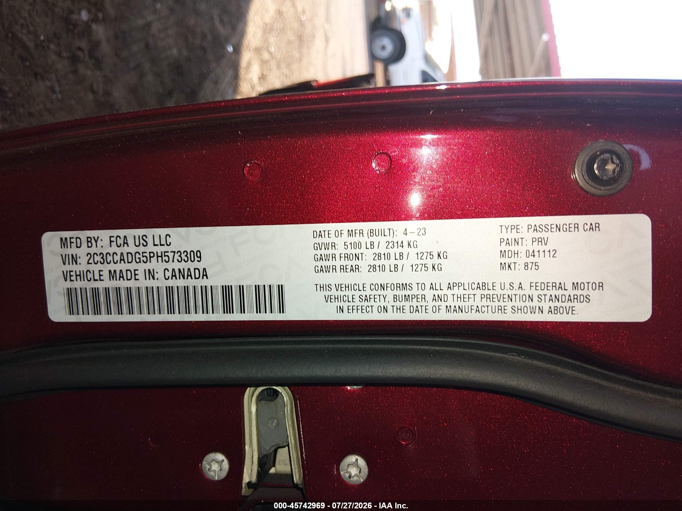 2023 Chrysler 300 VIN 2C3CCADG5PH573309 IAAI salvage auction — Unknown, Salvage (Arizona), sold $5,175 on 2026-09-08 (photo 9)