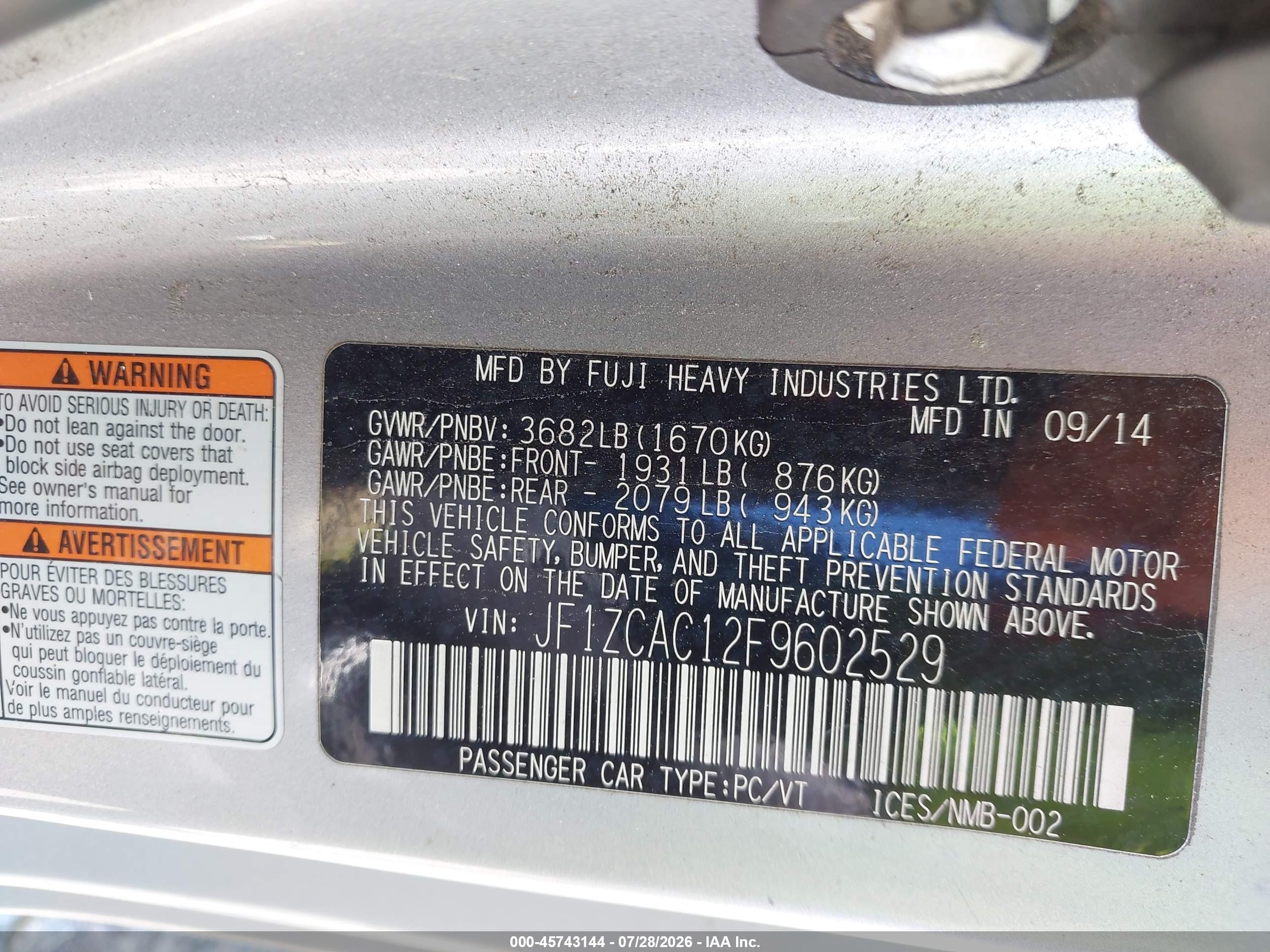 2015 Subaru BRZ VIN JF1ZCAC12F9602529 IAAI salvage auction — Side, Salvage (California), sold $3,300 on 2026-09-14 (photo 9)