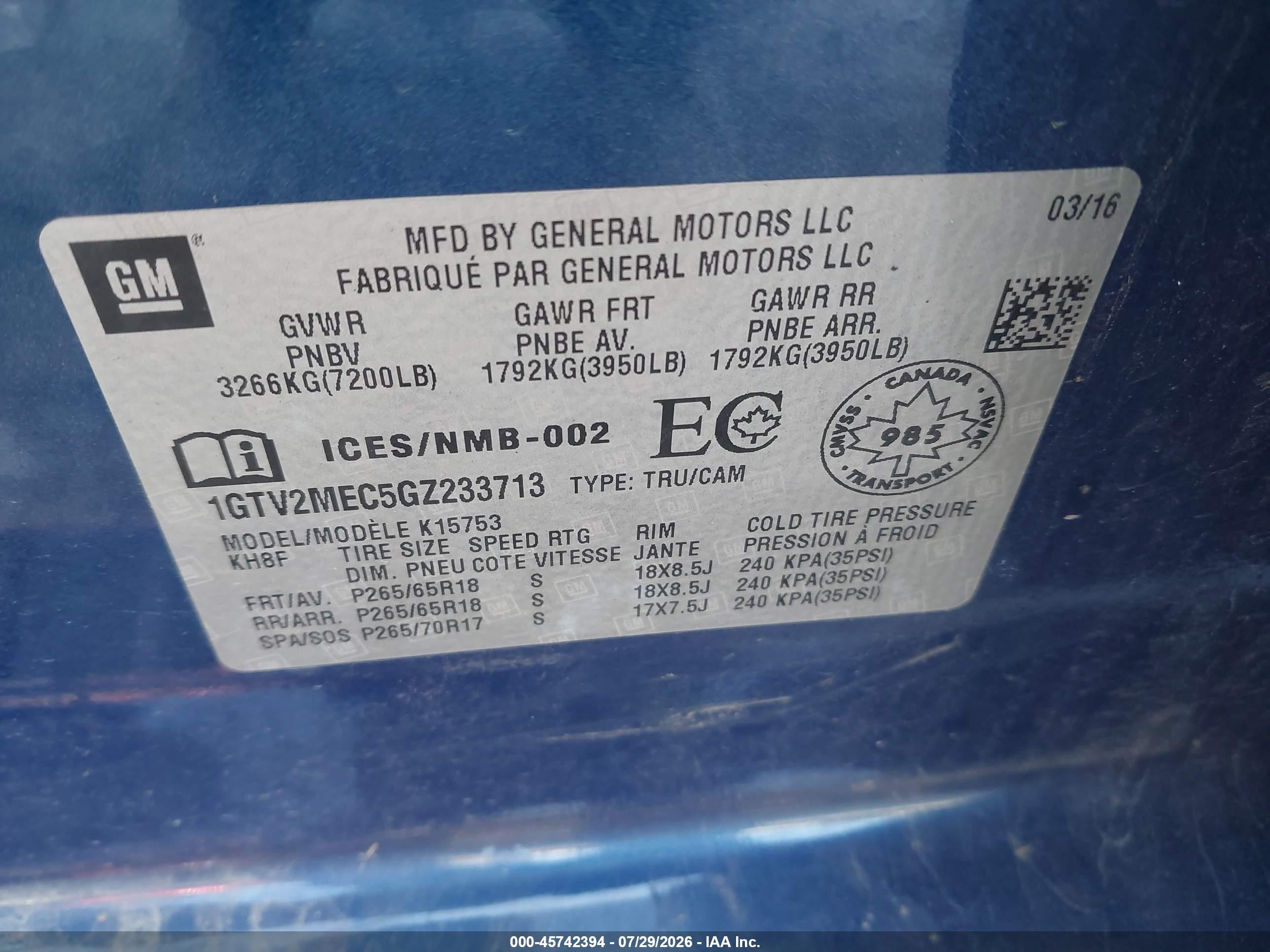 2016 GMC Sierra 1500 VIN 1GTV2MEC5GZ233713 IAAI salvage auction — Front End, Salvage (Illinois), sold $3,800 on 2026-09-09 (photo 9)