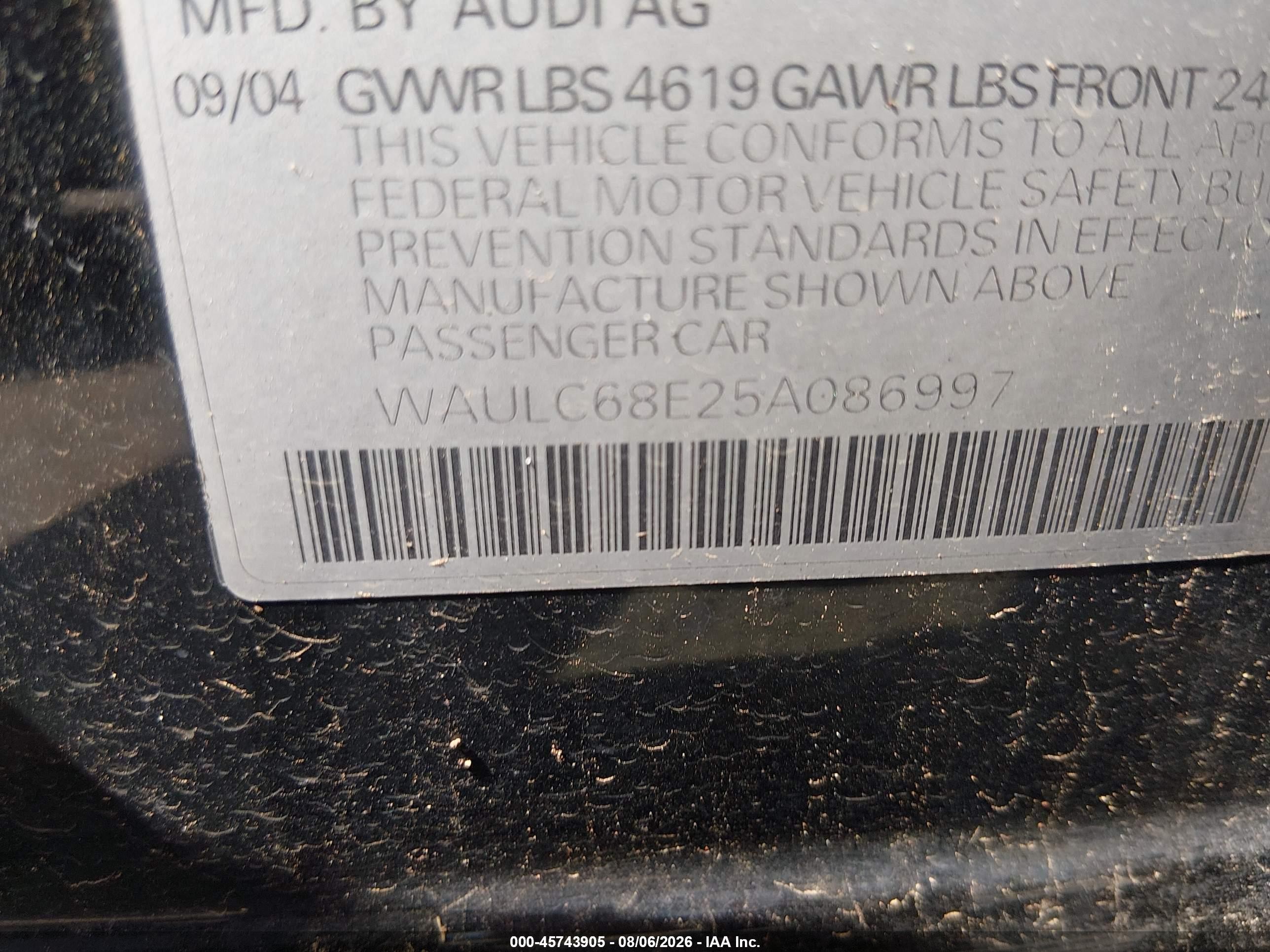 2005 Audi A4 VIN WAULC68E25A086997 IAAI salvage auction — Repossession, Original (Texas), sold $275 on 2026-10-06 (photo 9)