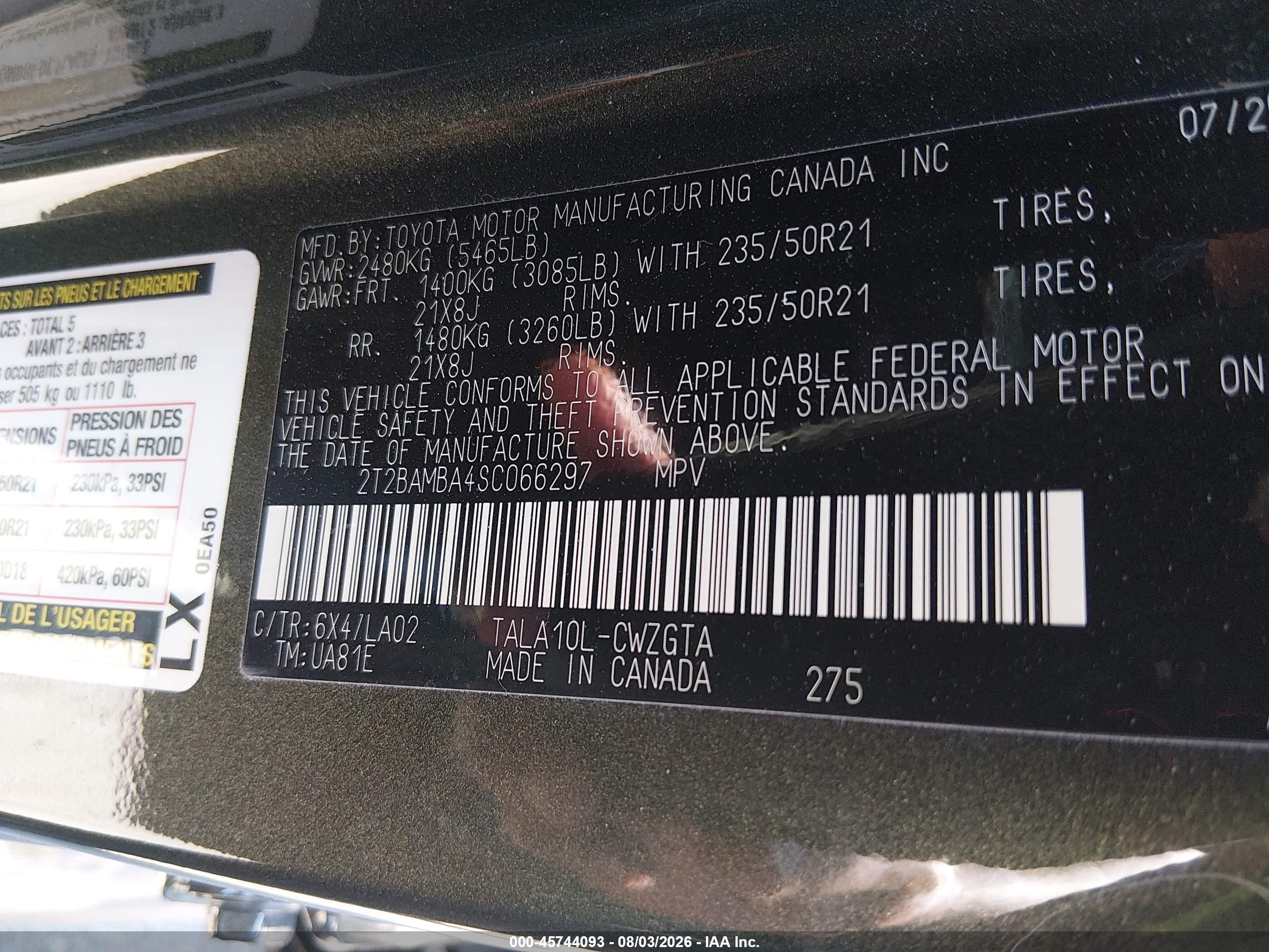 2025 Lexus Rx VIN 2T2BAMBA4SC066297 IAAI salvage auction — Side, Salvage (Louisiana), sold $25,250 on 2026-09-23 (photo 9)