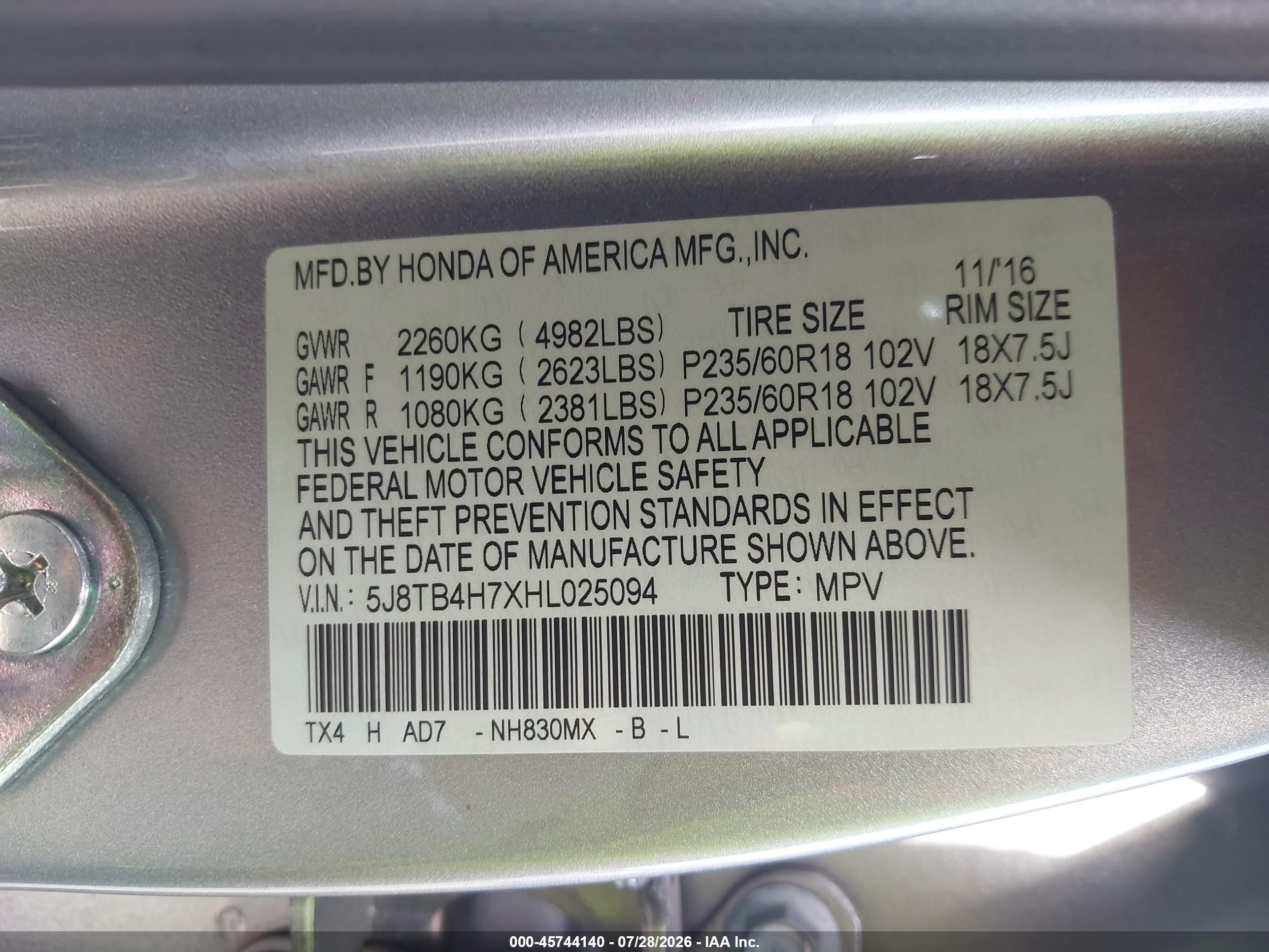 2017 Acura Rdx VIN 5J8TB4H7XHL025094 IAAI salvage auction — Rear End, Salvage (Idaho), sold $5,200 on 2026-09-12 (photo 9)