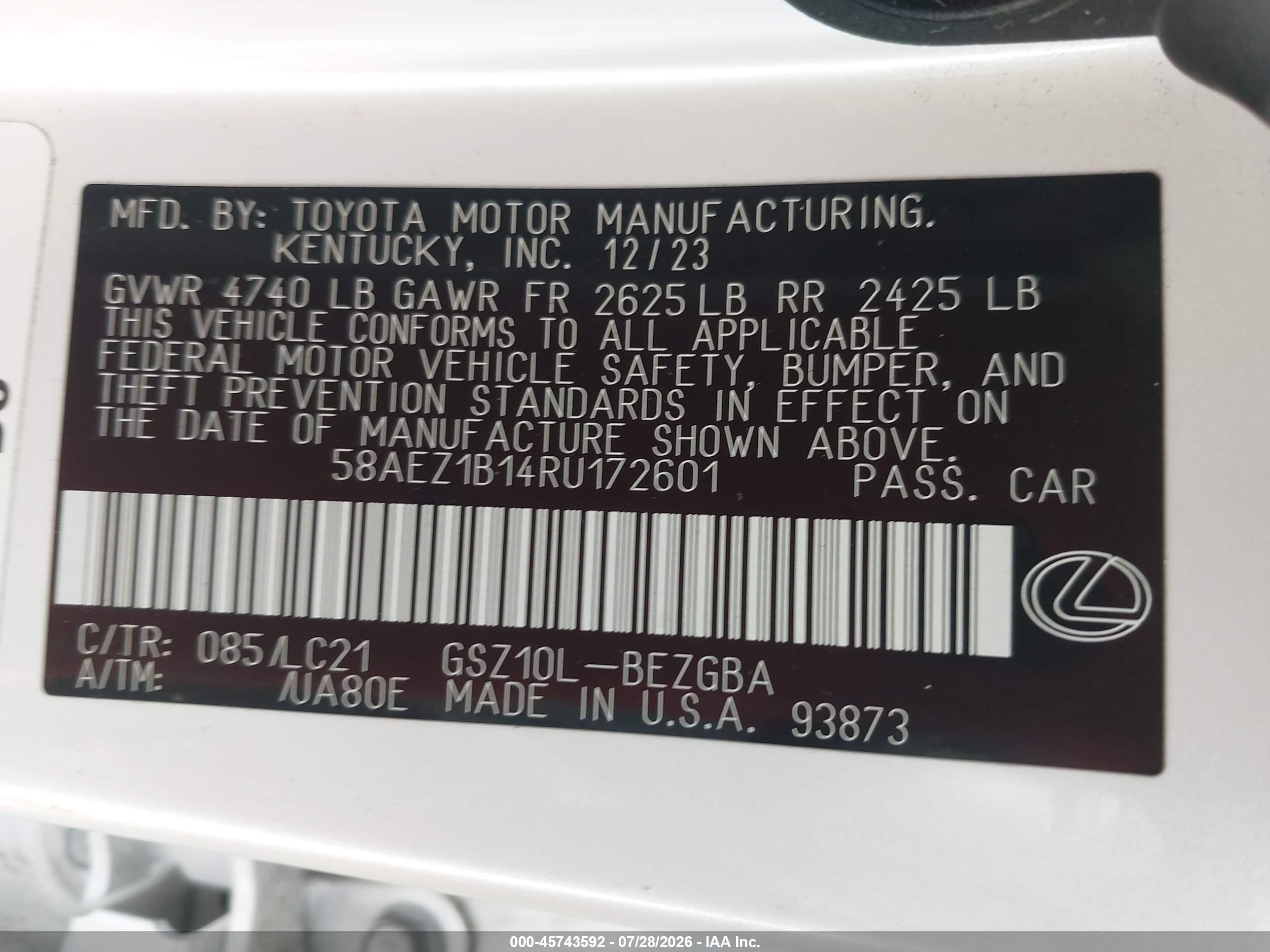 2024 Lexus ES 350 VIN 58AEZ1B14RU172601 IAAI salvage auction — Rear End, Rebuildable (Florida), sold $23,500 on 2026-09-16 (photo 9)