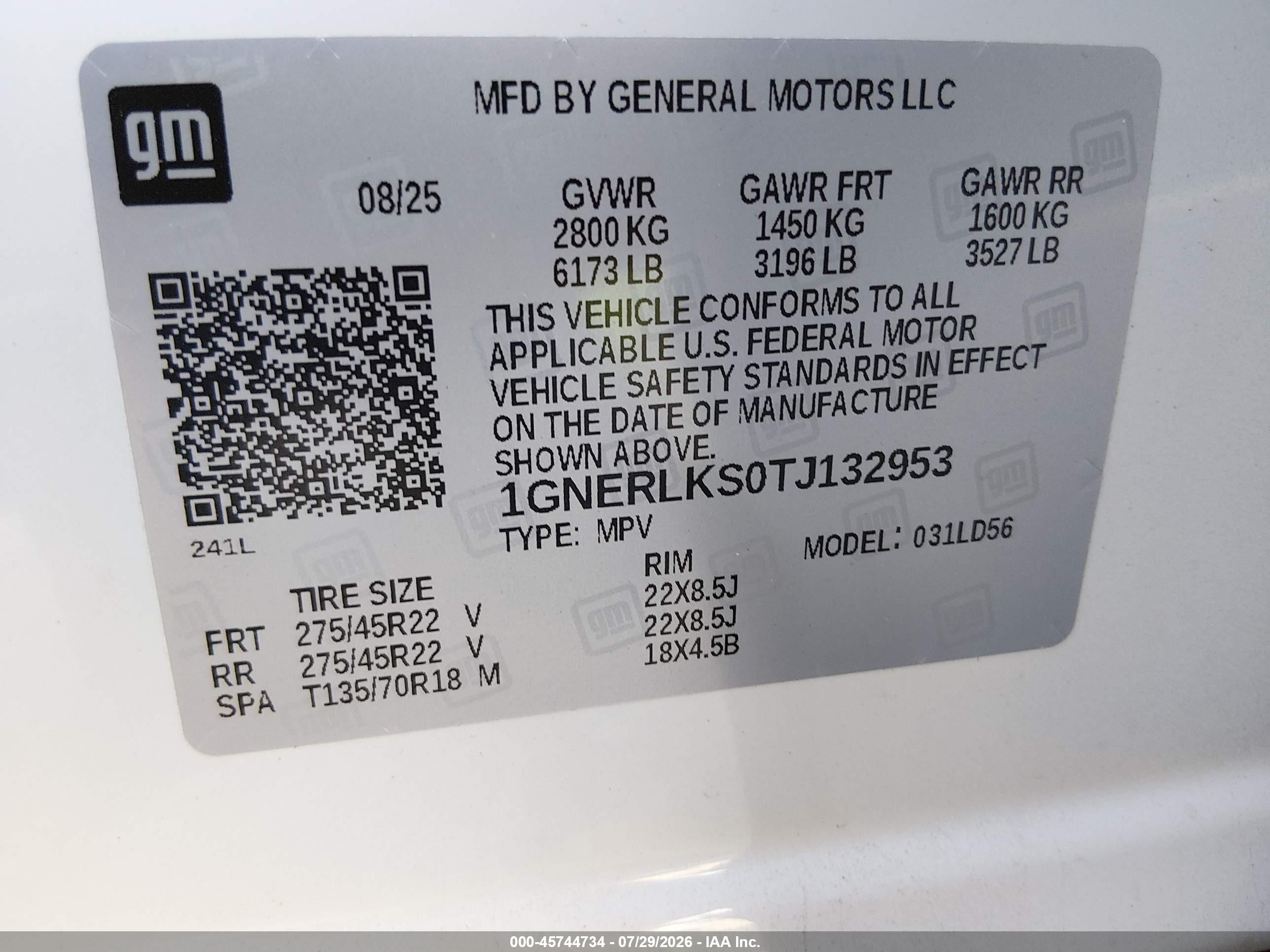2026 Chevrolet Traverse VIN 1GNERLKS0TJ132953 IAAI salvage auction — Front & Rear, Salvage (Louisiana), sold $12,000 on 2026-09-08 (photo 9)